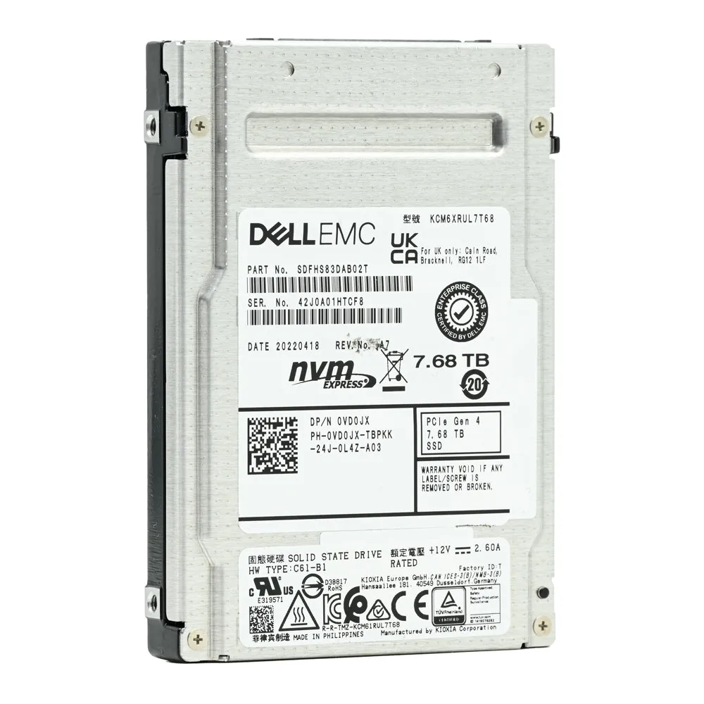 Dell CM6 VD0JX KCM6XRUL7T68 7.68TB PCIe Gen 4.0 x4 8GB/s U.2 NVMe 1DWPD Read Intensive 2.5in Refurbished SSD