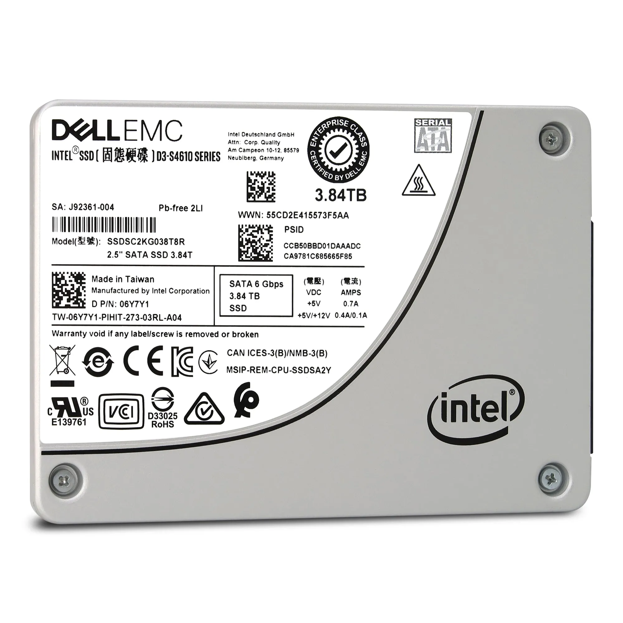 Dell D3-S4610 SSDSC2KG038T8R 06Y7Y1 3.84TB SATA 6Gb/s 3D TLC 3DWPD 2.5in Solid State Drive