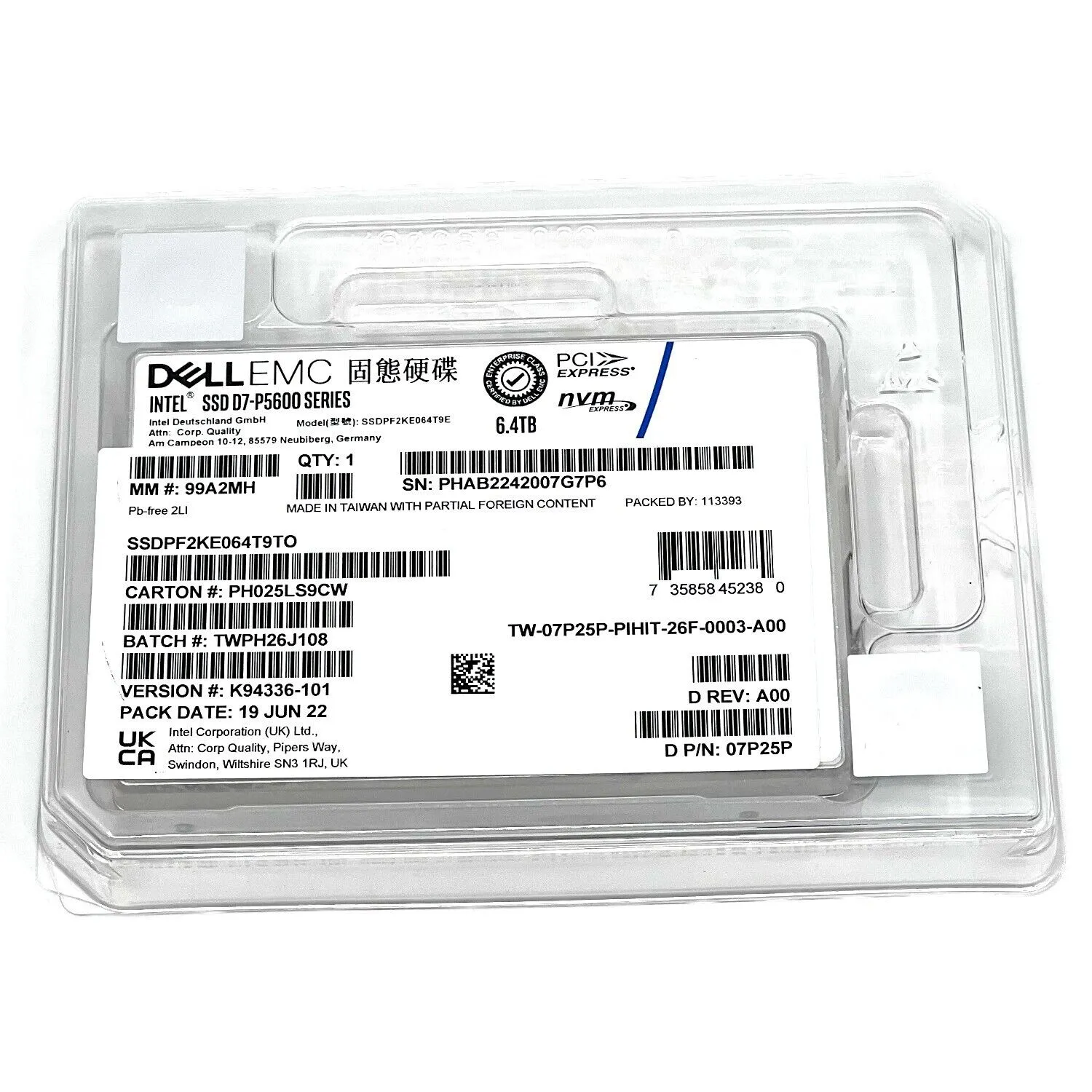 Dell D7-P5600 SSDPF2KE064T9TO 07P25P 6.4TB PCIe Gen 4.0 X4 8GB/s 3D TLC 3DWPD U.2 NVMe 2.5in Solid State Drive