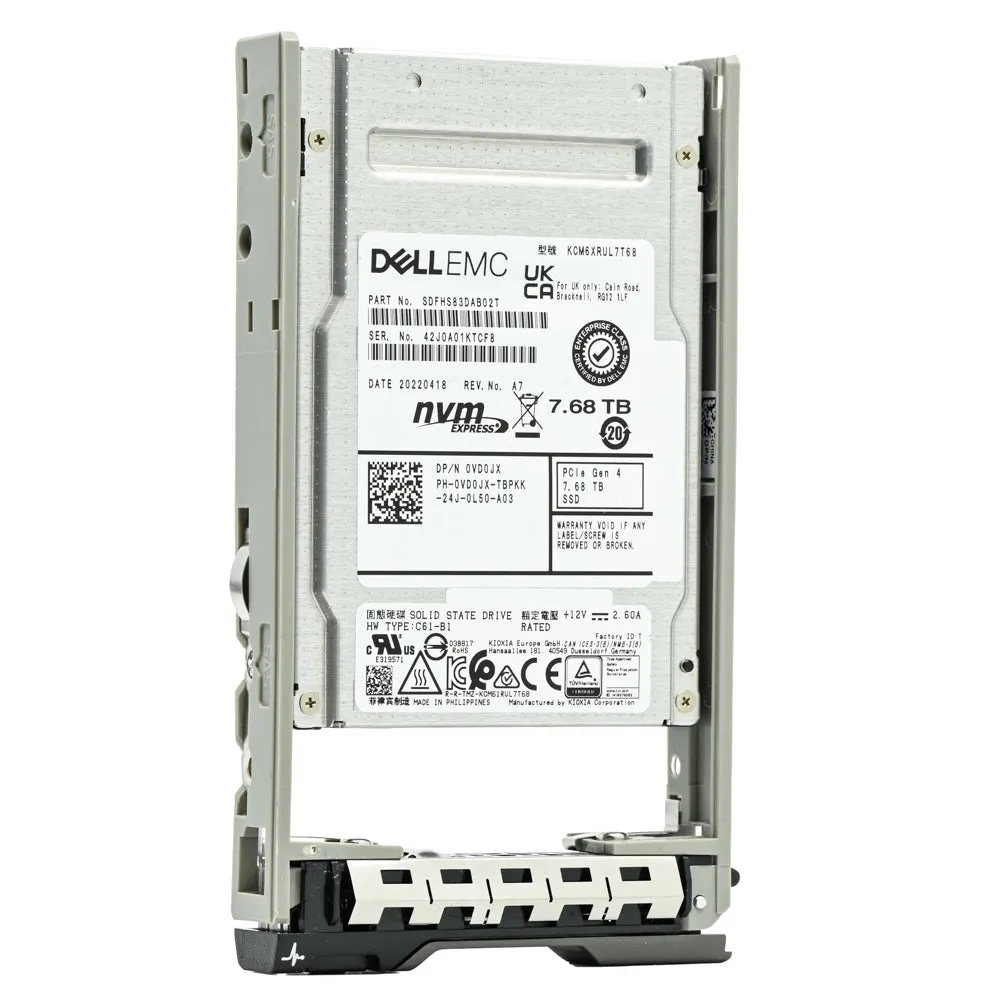 Dell G13 VD0JX KCM6XRUL7T68 7.68TB PCIe Gen 4.0 x4 8GB/s U.2 NVMe 1DWPD Read Intensive 2.5in Refurbished SSD