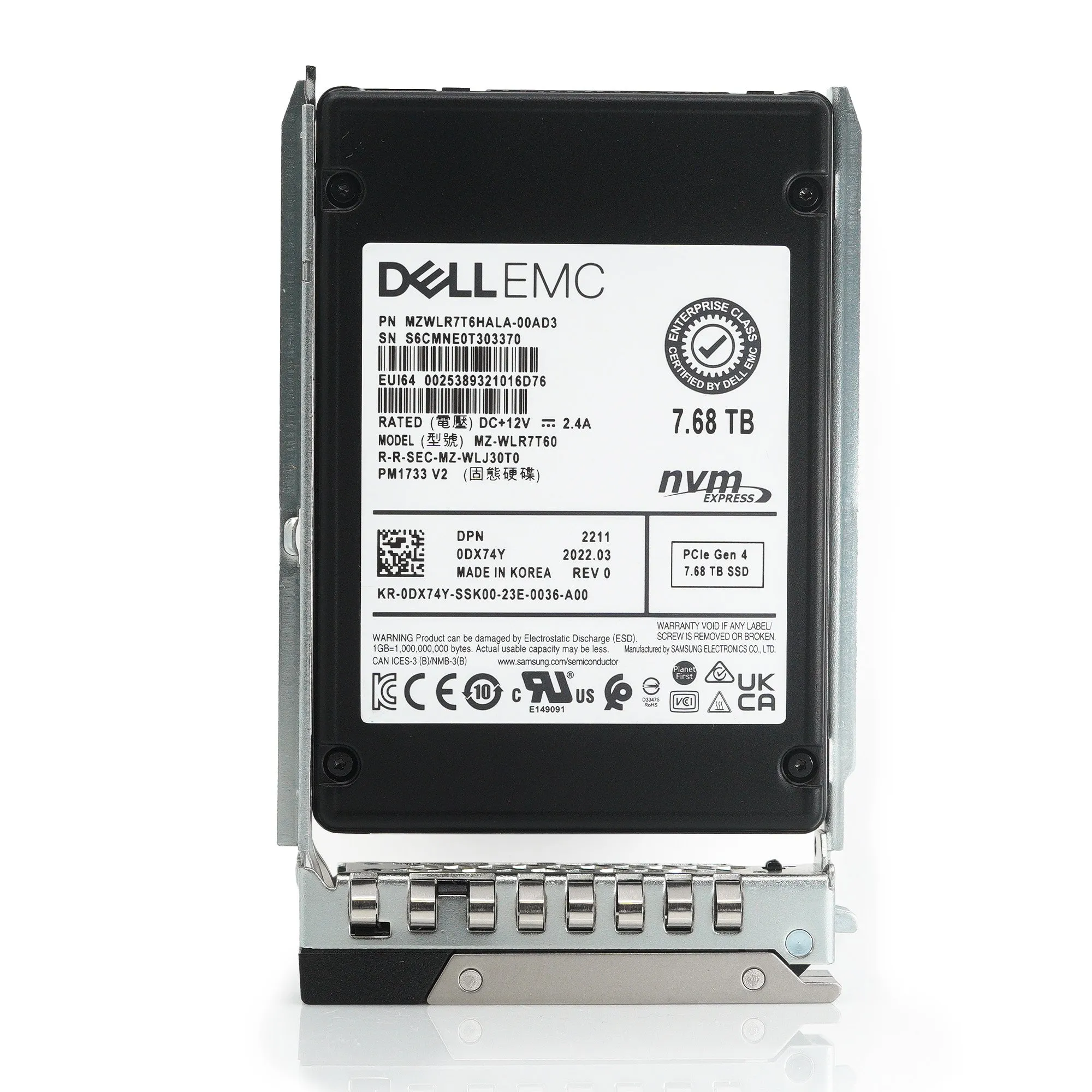 Dell G14 DX74Y MZWLR7T6HALA 7.68TB PCIe Gen 4.0 x4 8GB/s 3D TLC 1DWPD Read Intensive U.2 2.5in Refurbished SSD
