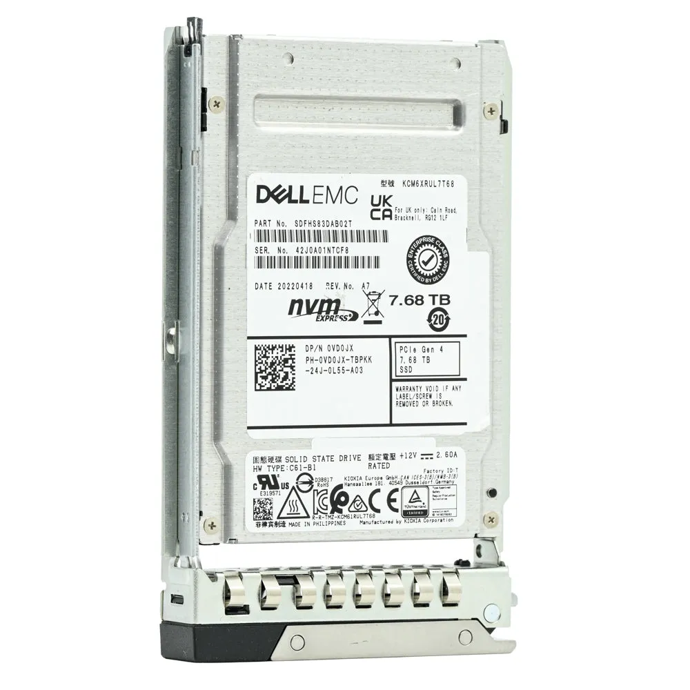 Dell G14 VD0JX KCM6XRUL7T68 7.68TB PCIe Gen 4.0 x4 8GB/s U.2 NVMe 1DWPD Read Intensive 2.5in Recertified Solid State Drive