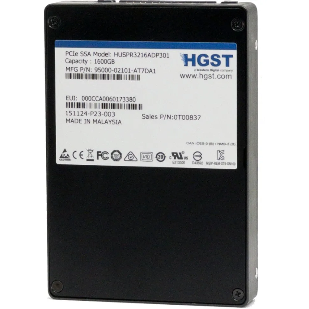 HGST SN100 HUSPR3216ADP301 0T00837 1.6TB PCIe Gen 3.0 x4 U.2 NVMe 2.5in Solid State Drive