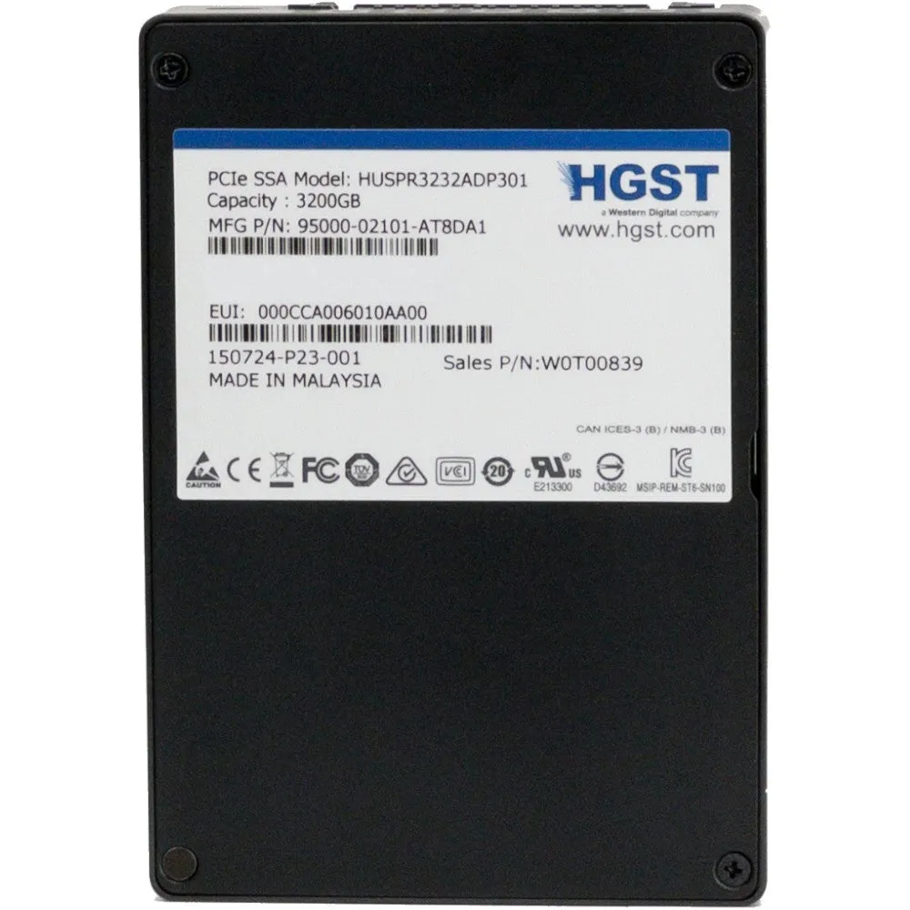 HGST SN100 HUSPR3232ADP301 0T00839 3.2TB PCIe Gen 3.0 x4 U.2 NVMe 2.5in Recertified Solid State Drive