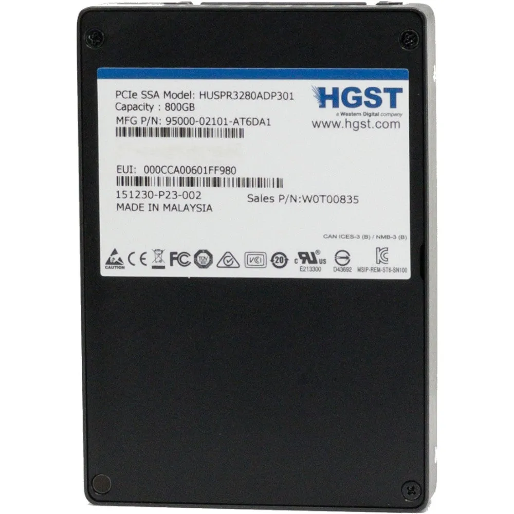 HGST SN100 HUSPR3280ADP301 W0T00835 800GB PCIe Gen 3.0 x4 U.2 NVMe 2.5in Recertified Solid State Drive