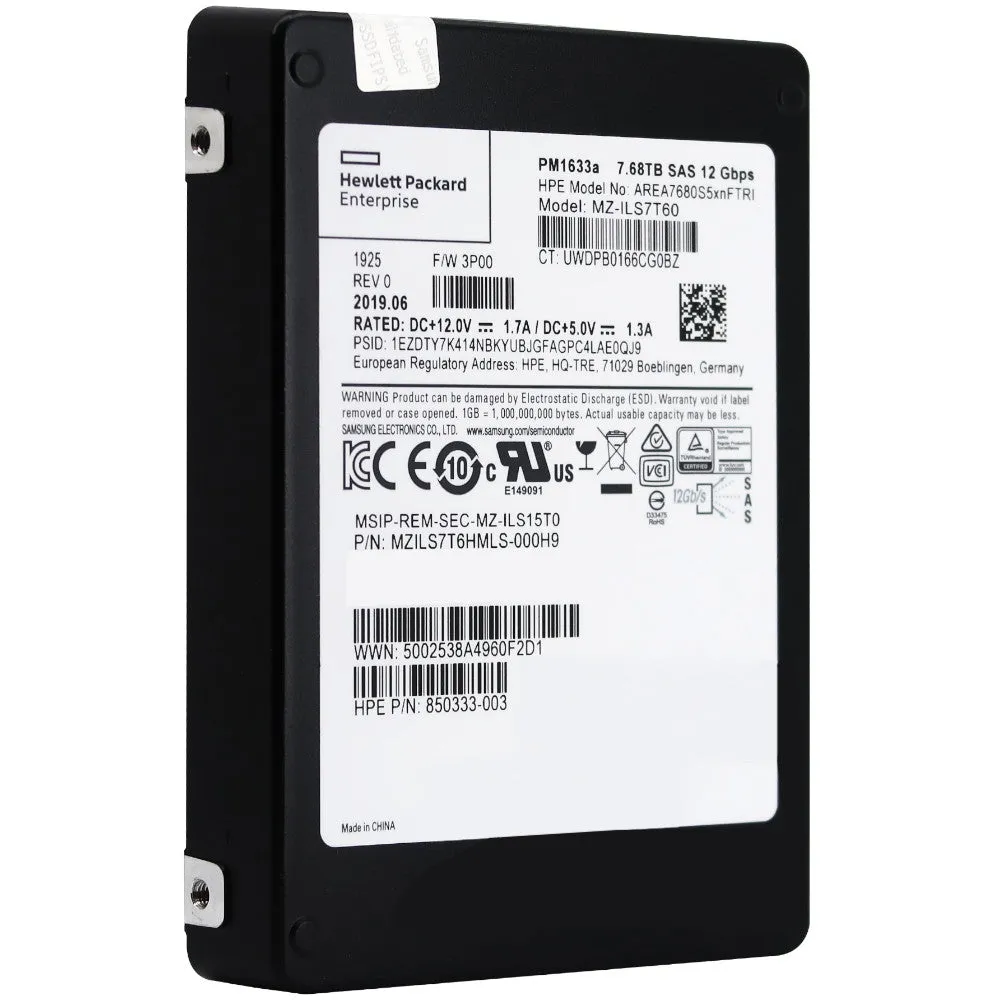 HP PM1633a MZILS7T6HMLS-000H9 850333-003 7.68TB SAS 12Gb/s 2.5in Solid State Drive