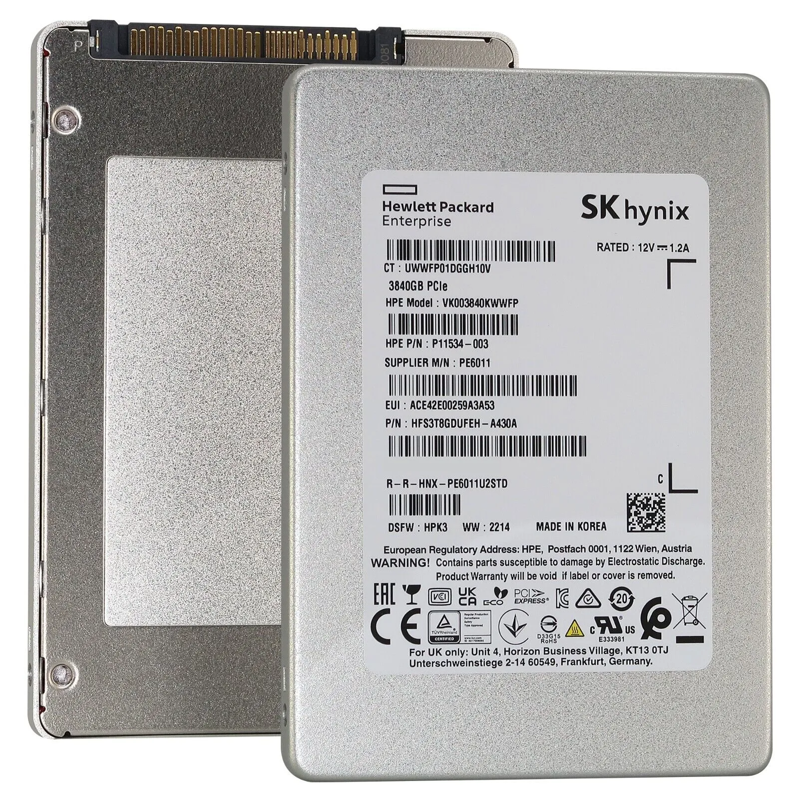 HP / SK Hynix PE6011 VK003840KWWFP 3.84TB PCIe Gen 3.0 x4 4GB/s 3D TLC U.2 NVMe 2.5in Recertified Solid State Drive