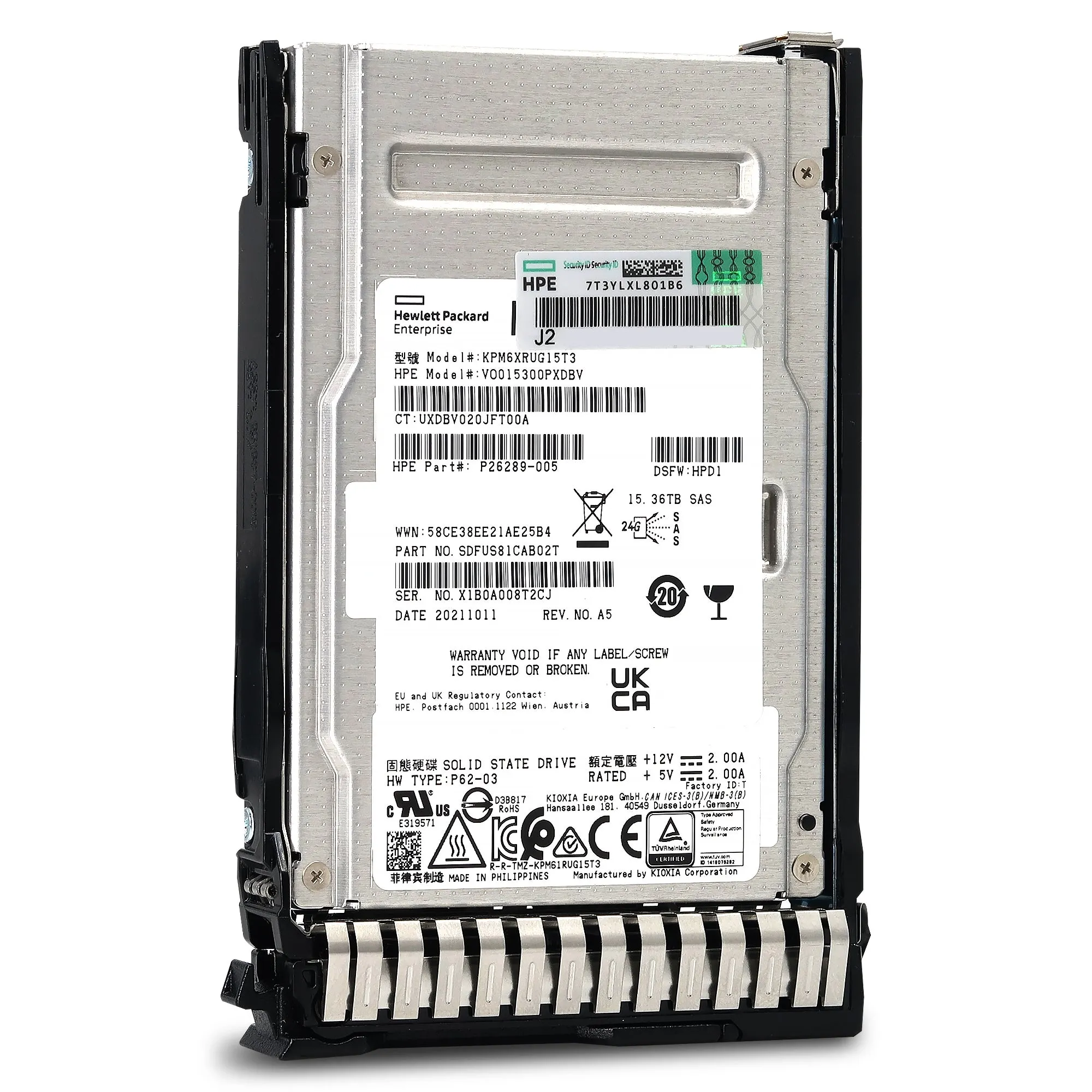 HPE PM6-R P26314-B21 KPM6XRUG15T3 15.36TB SAS 22.5Gb/s 3D TLC SIE 2.5in Refurbished SSD