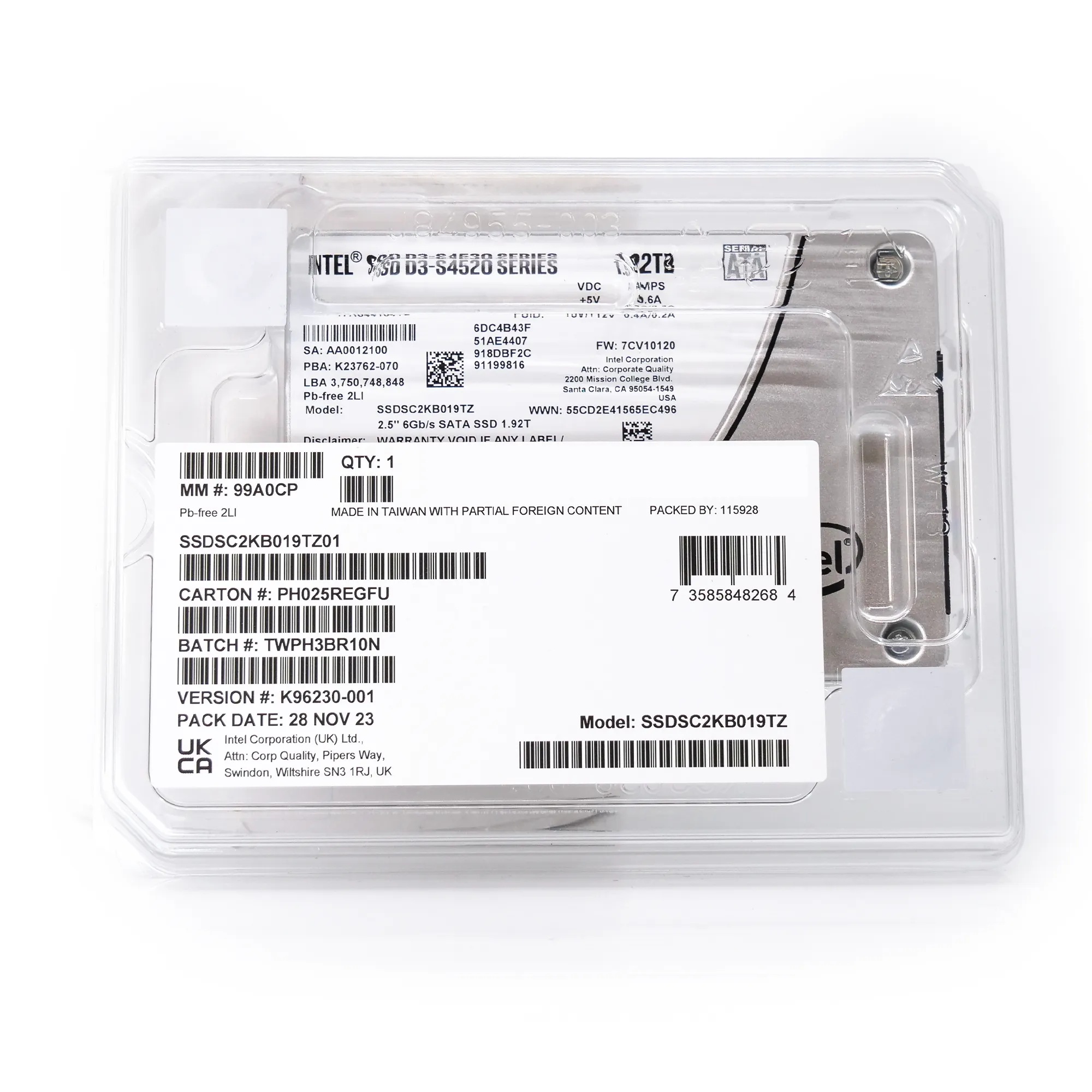 Intel D3-S4520 SSDSC2KB019TZ01 1.92TB SATA 6Gb/s 3D TLC 1DWPD 2.5in Enterprise Solid State Drive