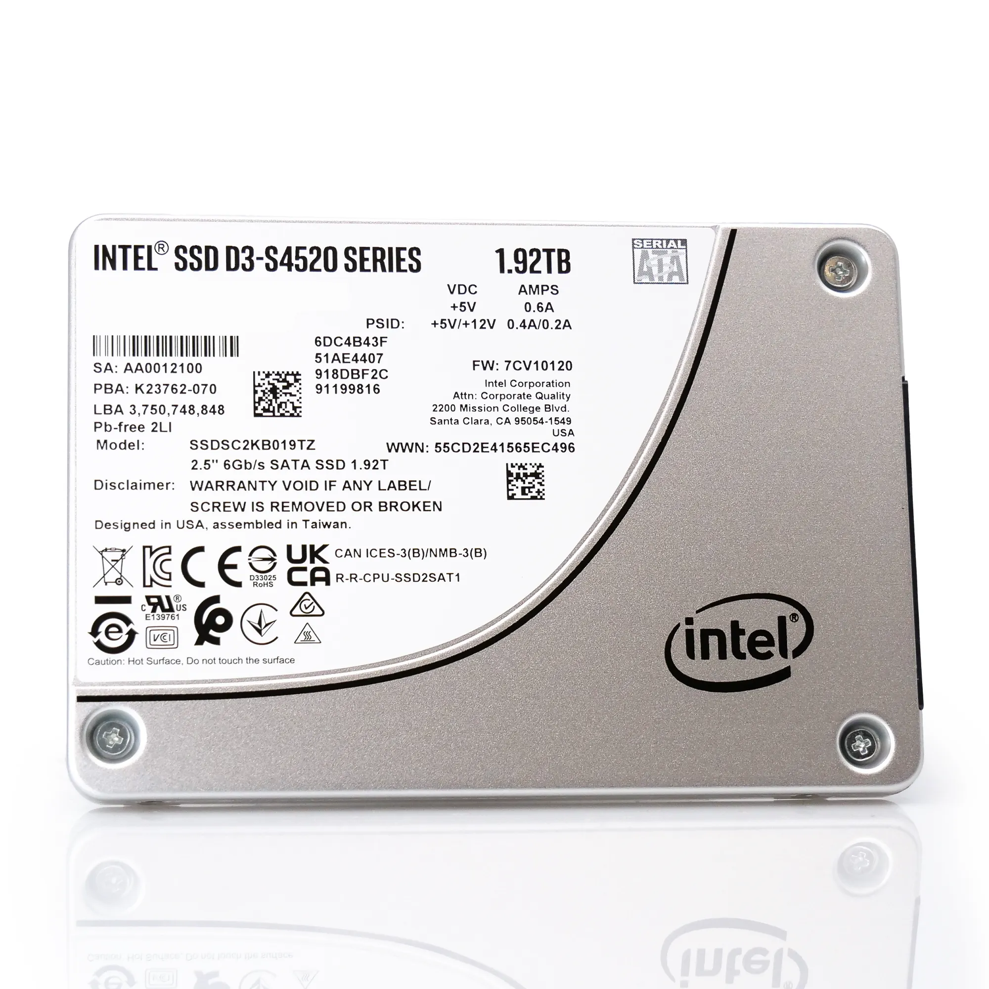 Intel D3-S4520 SSDSC2KB019TZ01 1.92TB SATA 6Gb/s 3D TLC 1DWPD 2.5in Enterprise Solid State Drive