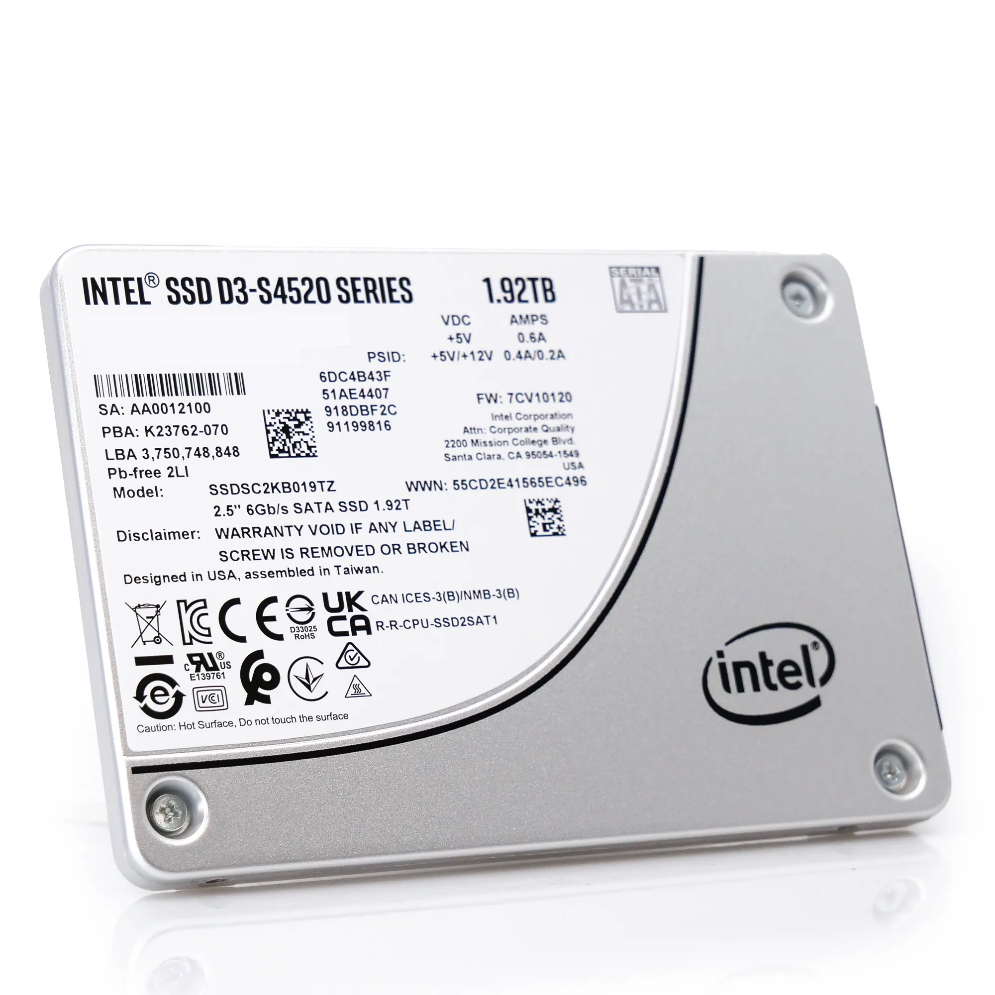 Intel D3-S4520 SSDSC2KB019TZ01 1.92TB SATA 6Gb/s 3D TLC 1DWPD 2.5in Enterprise Solid State Drive