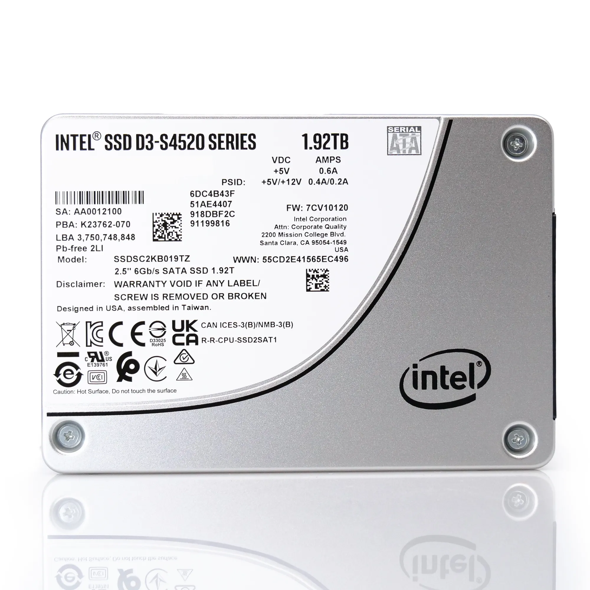 Intel D3-S4520 SSDSC2KB019TZ01 1.92TB SATA 6Gb/s 3D TLC 1DWPD 2.5in Enterprise Solid State Drive