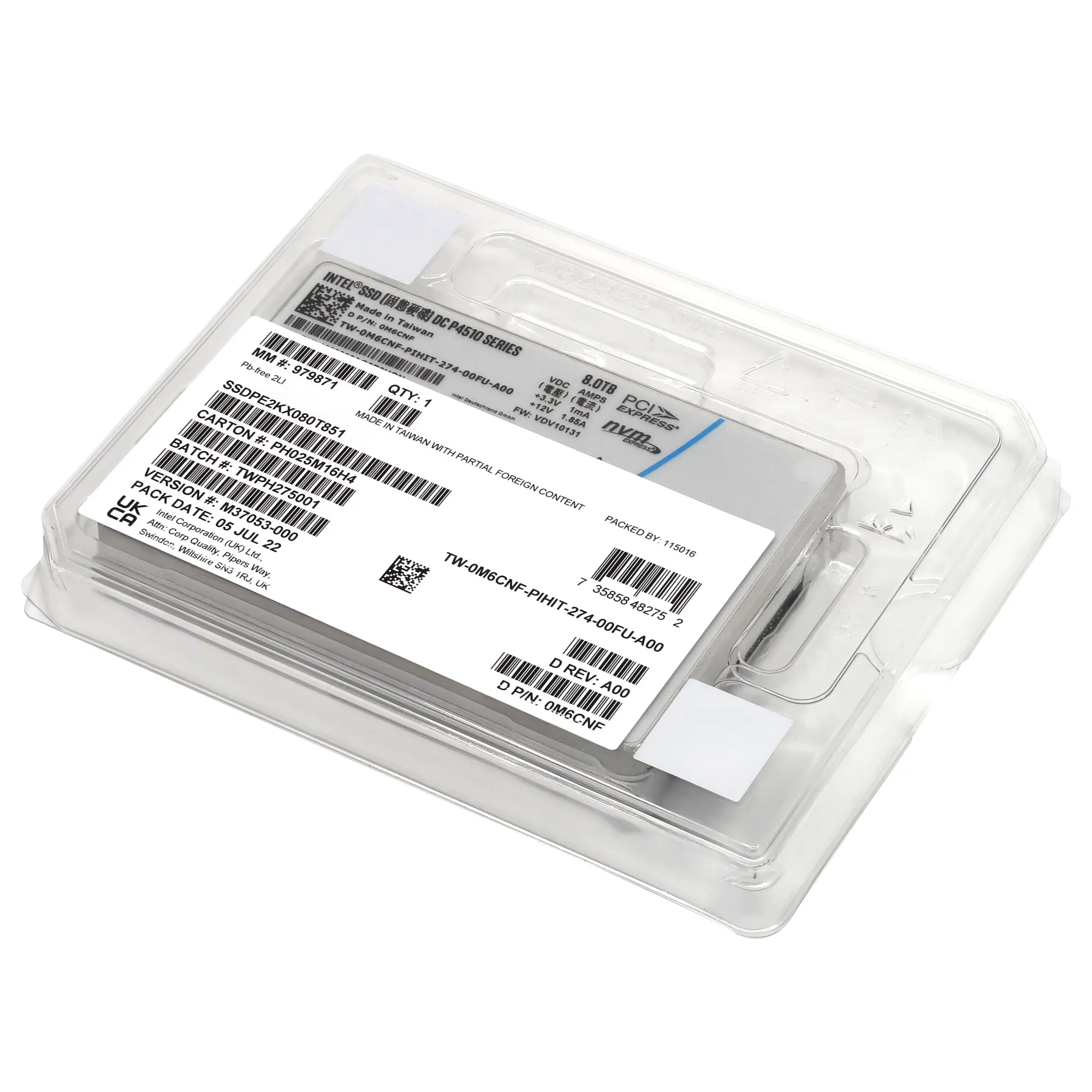 Intel DC P4510 SSDPE2KX080T851 0M6CNF 8TB PCIe Gen 3.1 X4 4GB/s 3D TLC 1DWPD U.2 NVMe 2.5in Solid State Drive