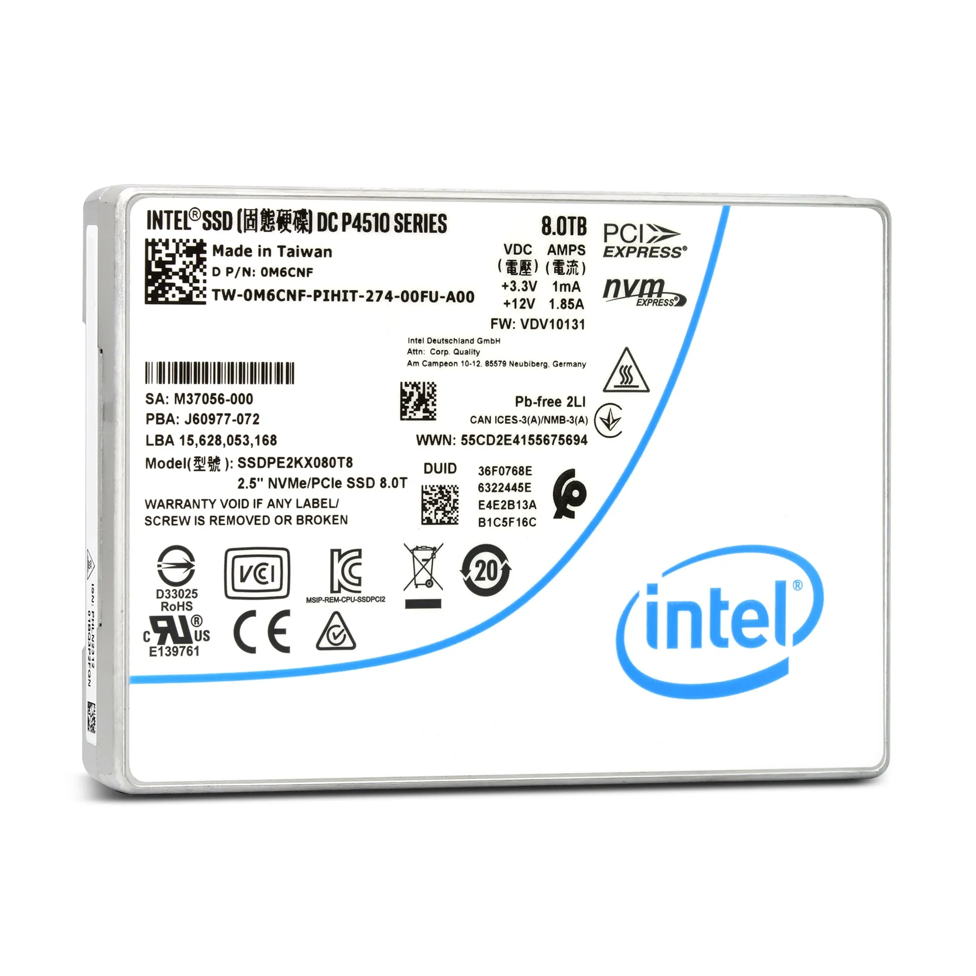 Intel DC P4510 SSDPE2KX080T851 0M6CNF 8TB PCIe Gen 3.1 X4 4GB/s 3D TLC 1DWPD U.2 NVMe 2.5in Solid State Drive