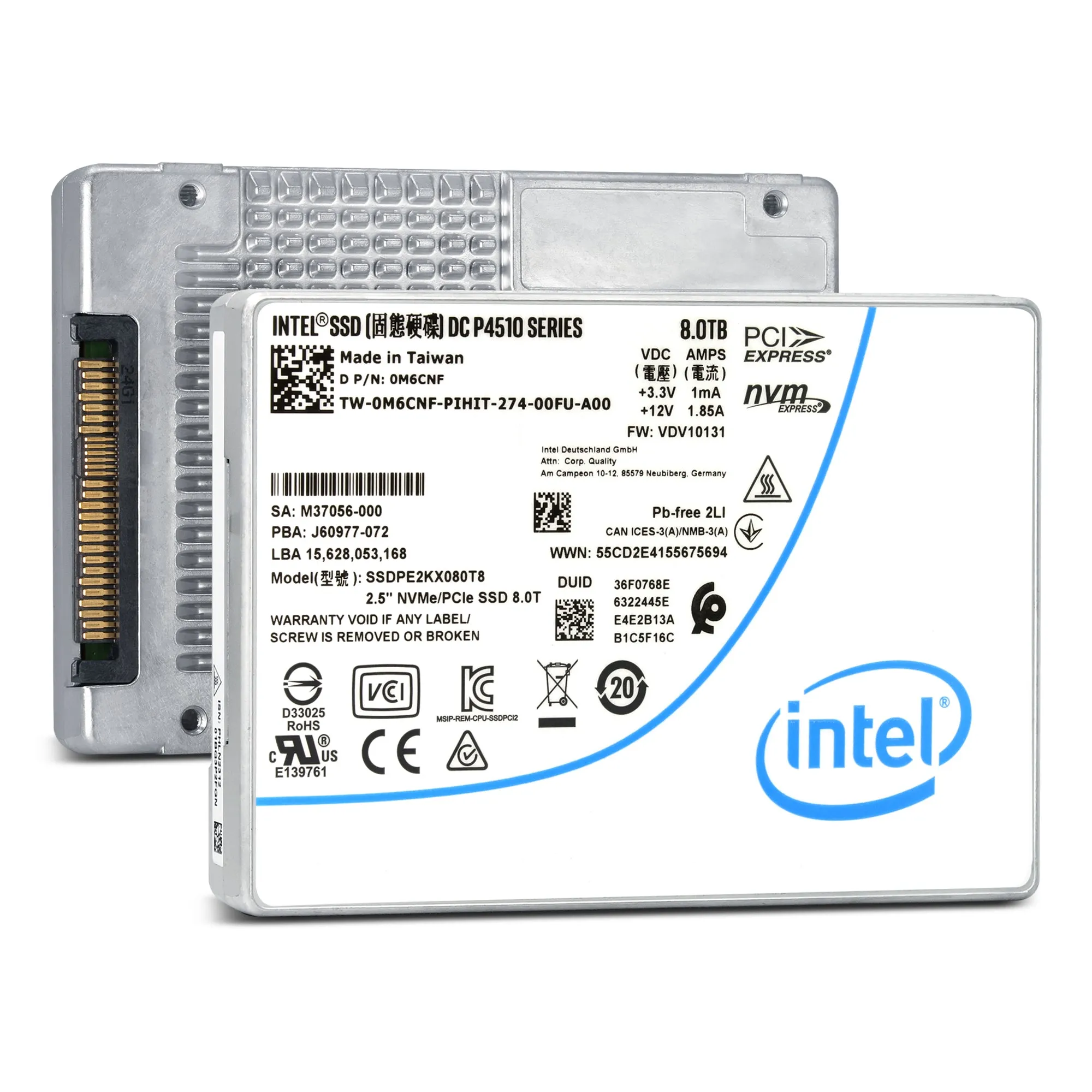Intel DC P4510 SSDPE2KX080T851 0M6CNF 8TB PCIe Gen 3.1 X4 4GB/s 3D TLC 1DWPD U.2 NVMe 2.5in Solid State Drive