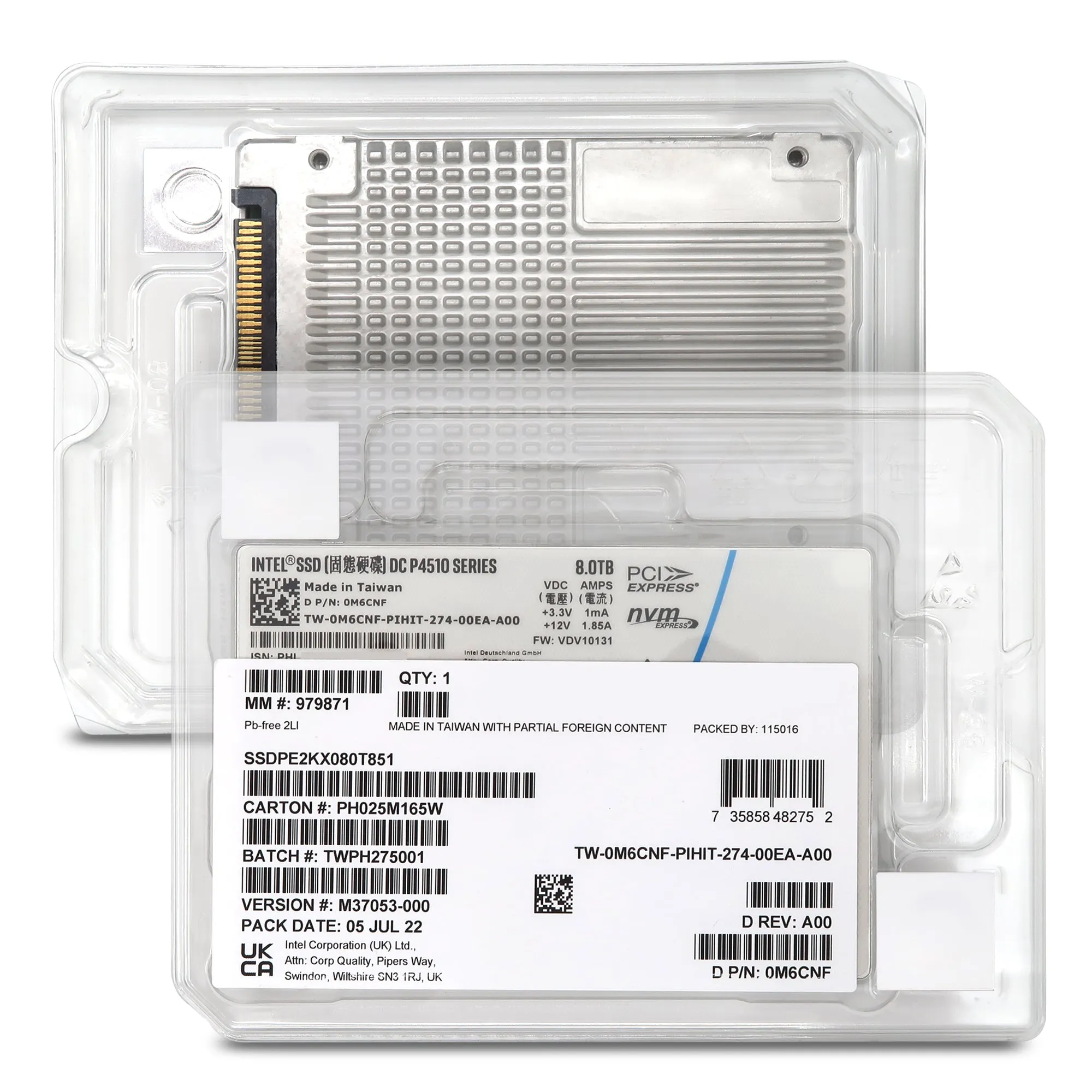 Intel DC P4510 SSDPE2KX080T851 0M6CNF 8TB PCIe Gen 3.1 X4 4GB/s 3D TLC 1DWPD U.2 NVMe 2.5in Solid State Drive