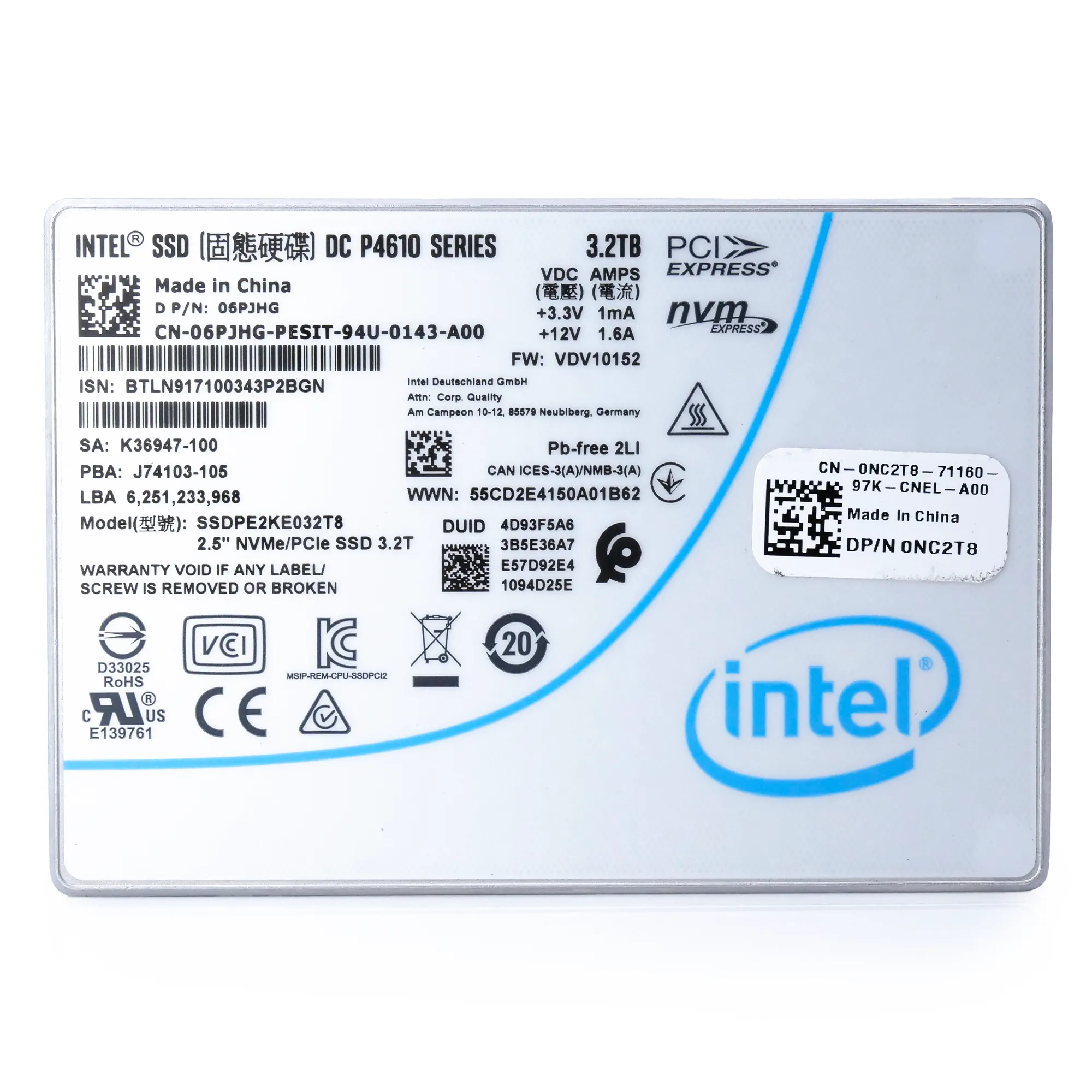 Intel DC P4610 SSDPE2KE032T8 3.2TB PCIe Gen 3.1 x4 4GB/s U.2 NVMe 2.5in Refurbished SSD