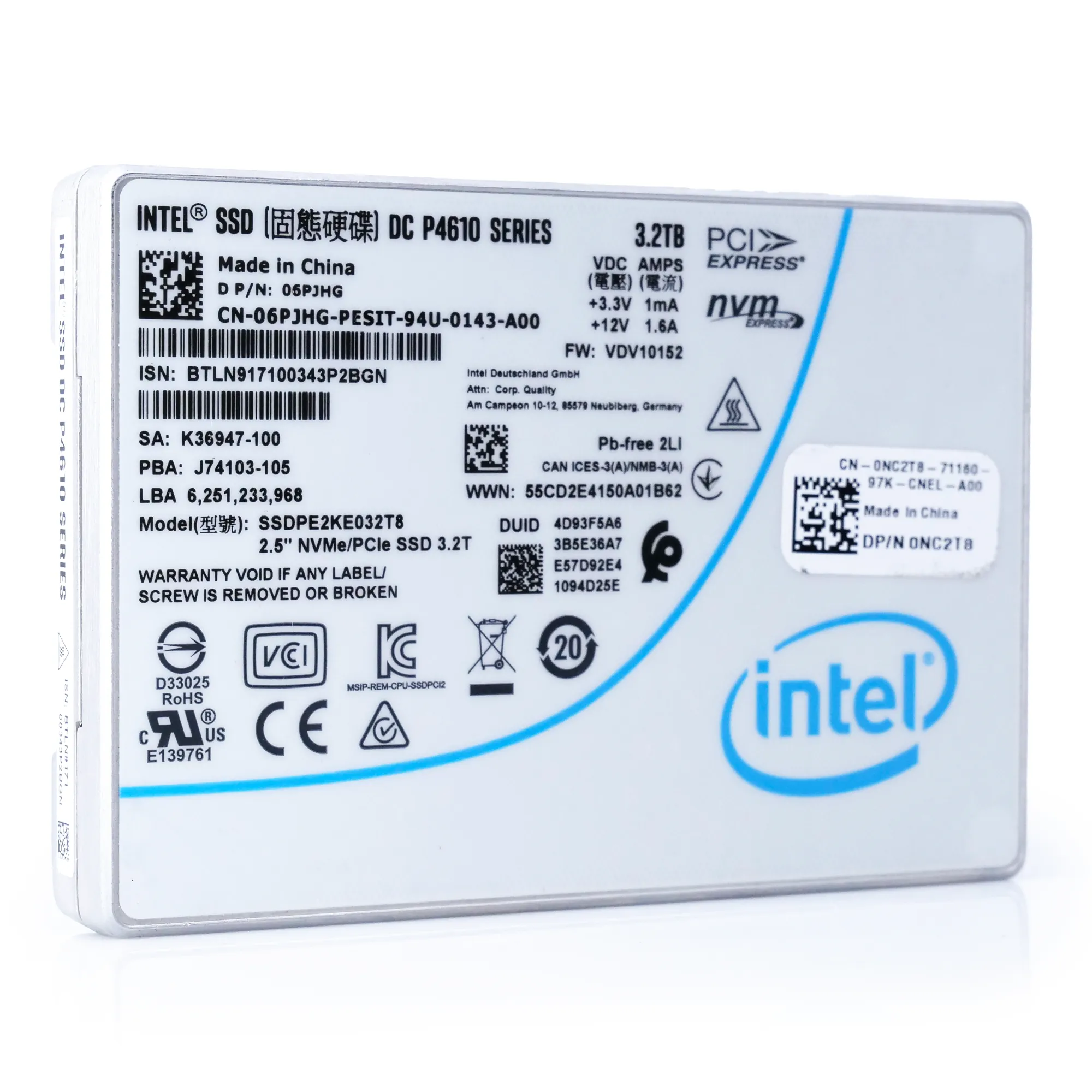 Intel DC P4610 SSDPE2KE032T8 3.2TB PCIe Gen 3.1 x4 4GB/s U.2 NVMe 2.5in Refurbished SSD