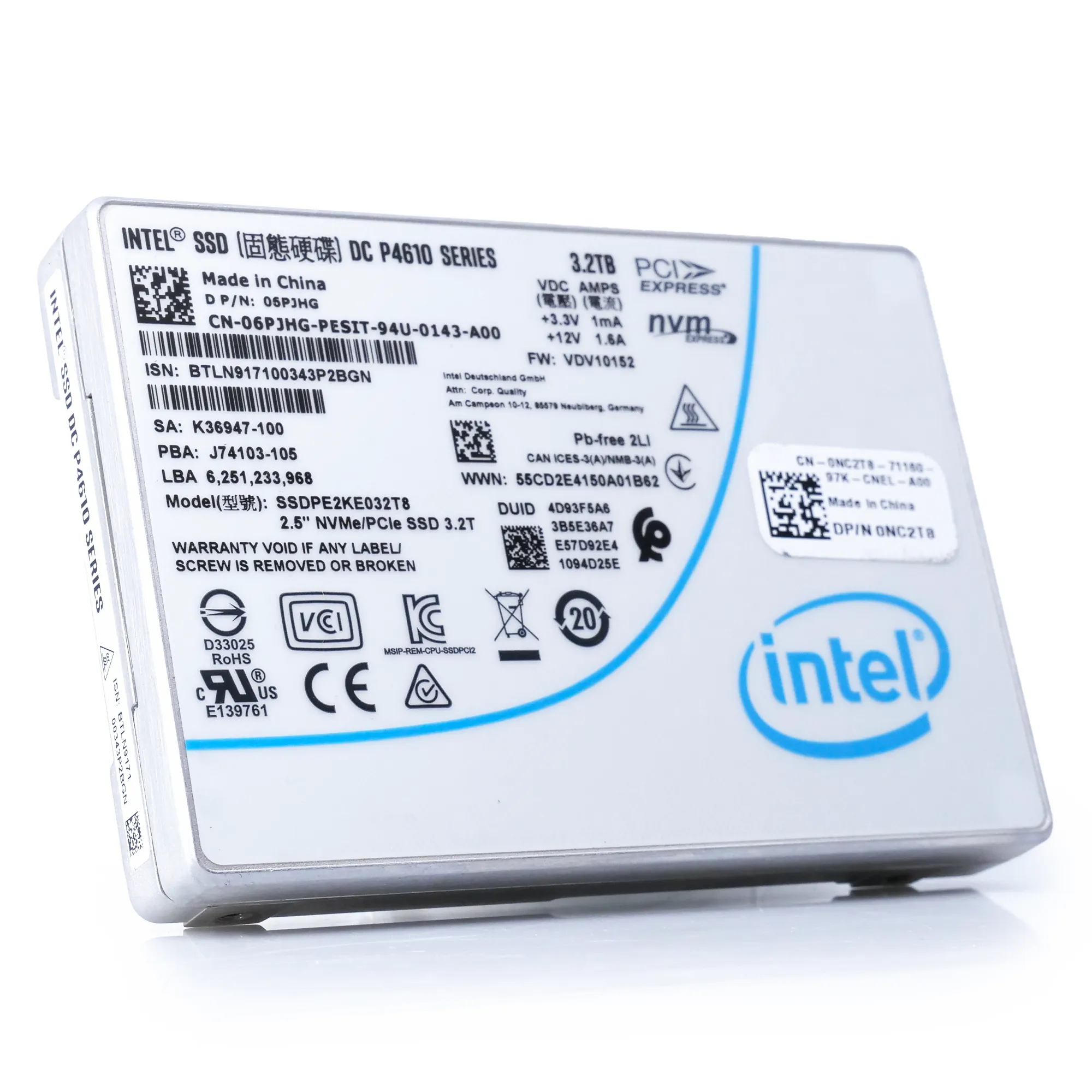 Intel DC P4610 SSDPE2KE032T8 3.2TB PCIe Gen 3.1 x4 4GB/s U.2 NVMe 2.5in Refurbished SSD