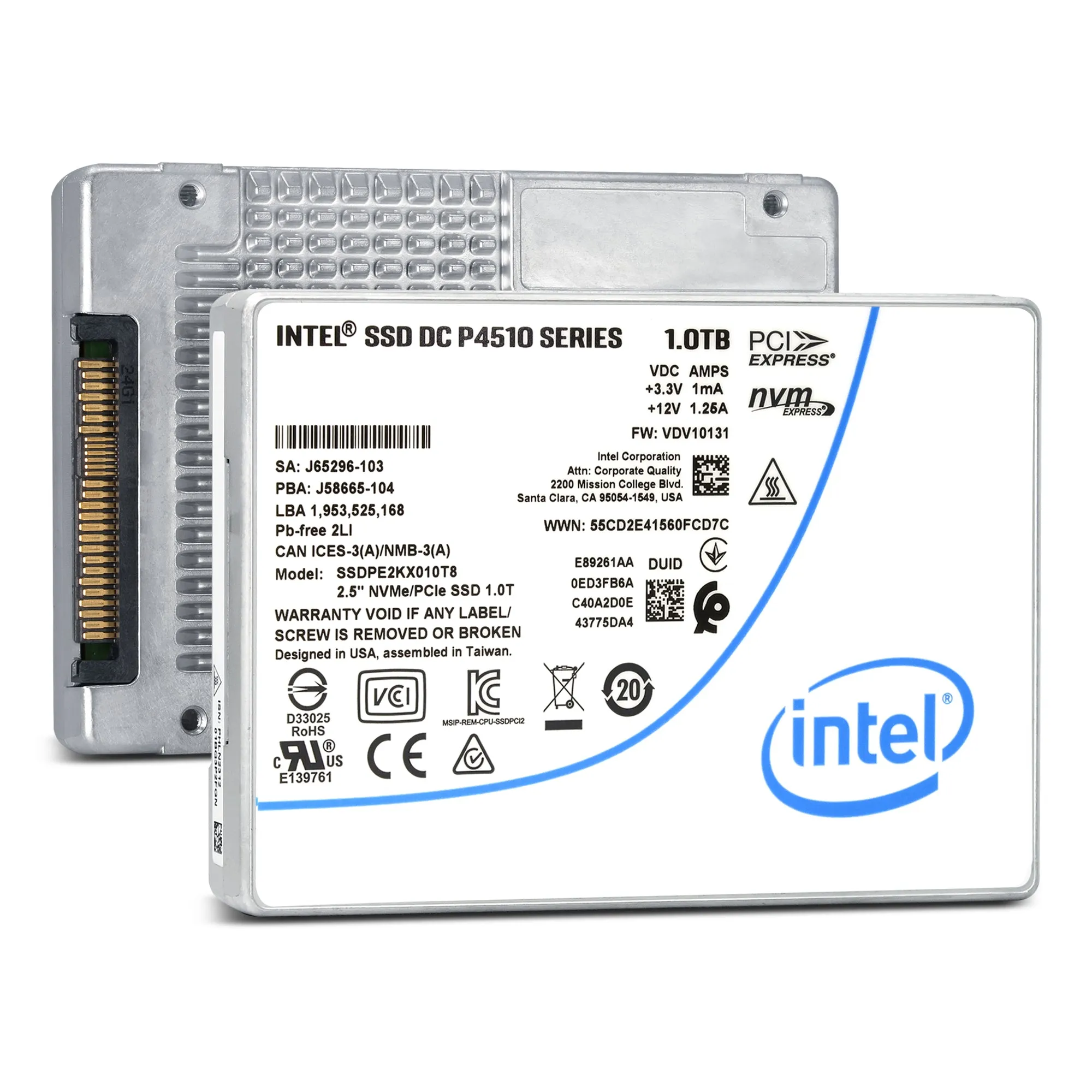 Intel P4510 SSDPE2KX010T801 1TB PCIe Gen 3.1 X4 4GB/s 3D TLC 1DWPD U.2 NVMe 2.5in Solid State Drive