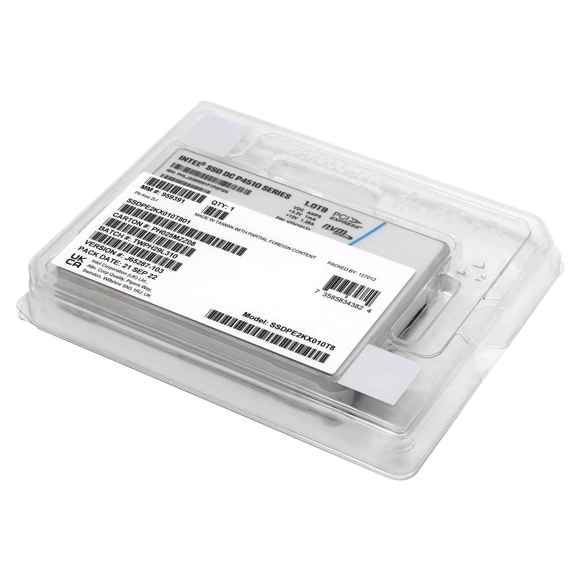 Intel P4510 SSDPE2KX010T801 1TB PCIe Gen 3.1 X4 4GB/s 3D TLC 1DWPD U.2 NVMe 2.5in Solid State Drive
