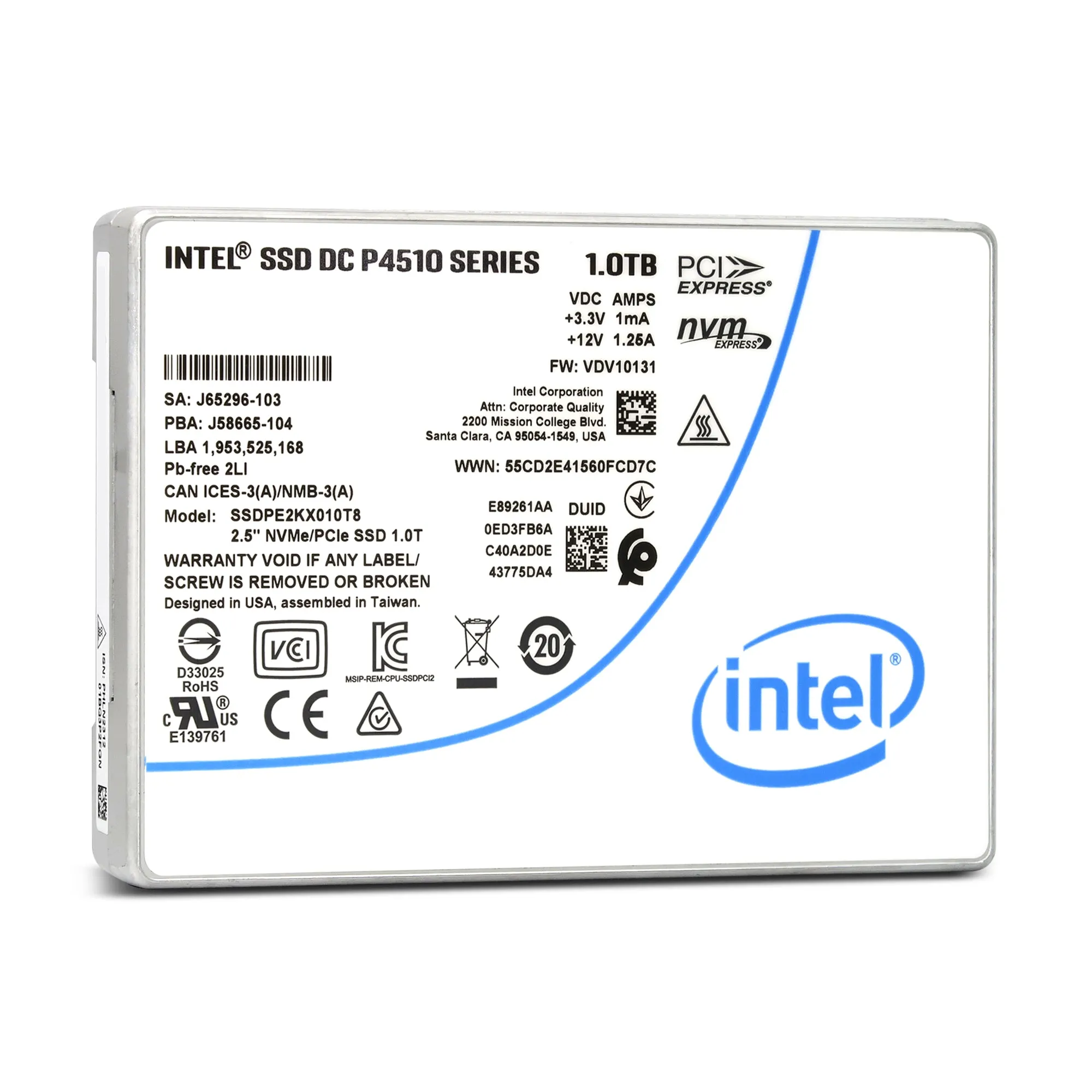 Intel P4510 SSDPE2KX010T801 1TB PCIe Gen 3.1 X4 4GB/s 3D TLC 1DWPD U.2 NVMe 2.5in Solid State Drive