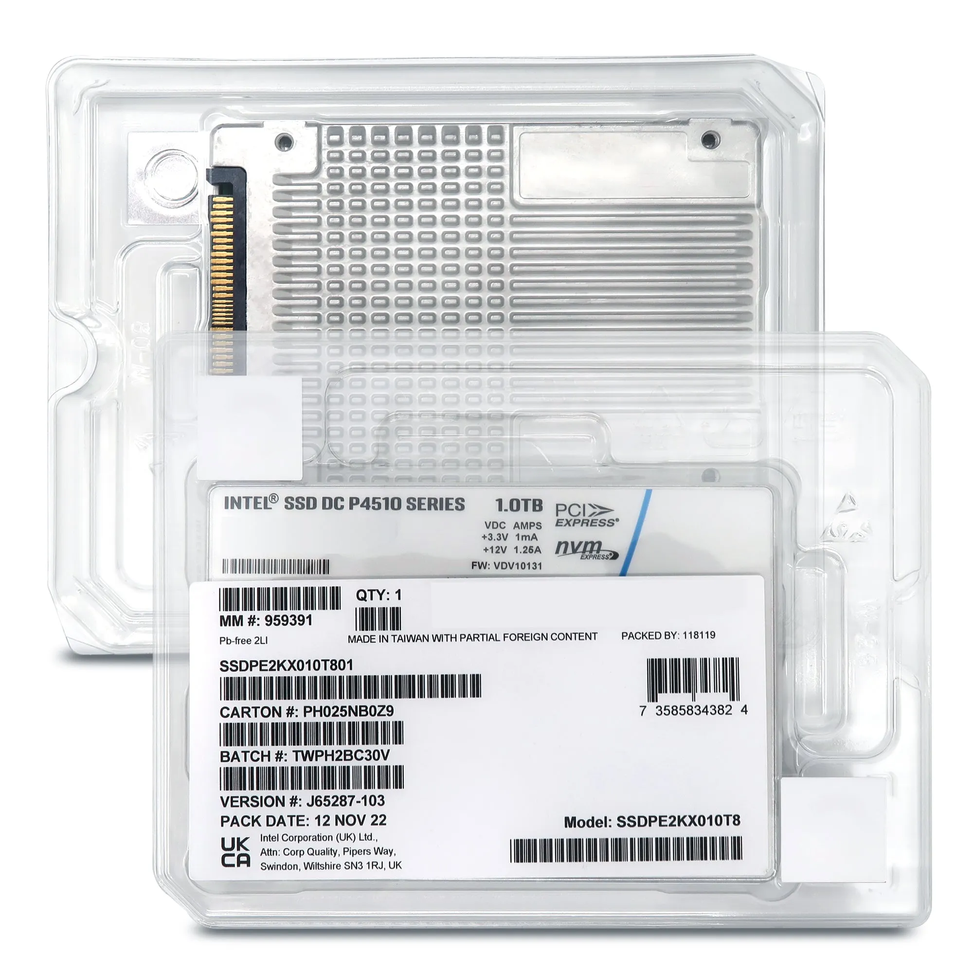 Intel P4510 SSDPE2KX010T801 1TB PCIe Gen 3.1 X4 4GB/s 3D TLC 1DWPD U.2 NVMe 2.5in Solid State Drive