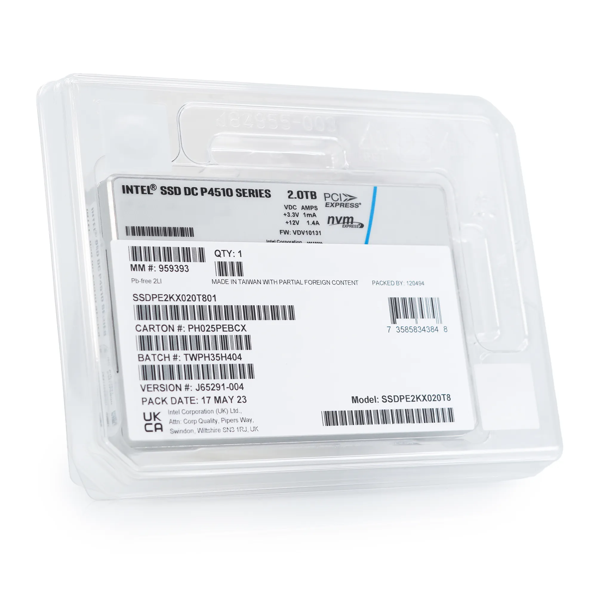Intel P4510 SSDPE2KX020T801 2TB PCIe Gen 3.1 x4 4GB/s U.2 NVMe 2.5in Enterprise Solid State Drive