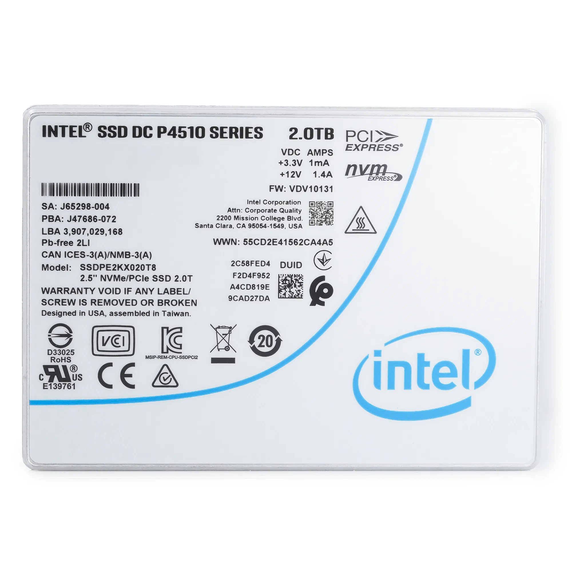 Intel P4510 SSDPE2KX020T801 2TB PCIe Gen 3.1 x4 4GB/s U.2 NVMe 2.5in Enterprise Solid State Drive