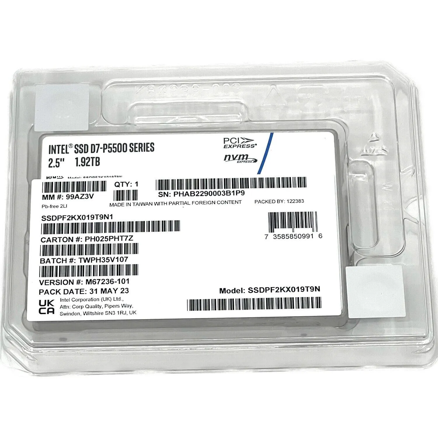 Intel P5500 SSDPF2KX019T9N1 M67236-101 1.92TB PCIe Gen 4.0 x4 8GB/s 3D TLC 1DWPD U.2 NVMe 2.5in Refurbished SSD