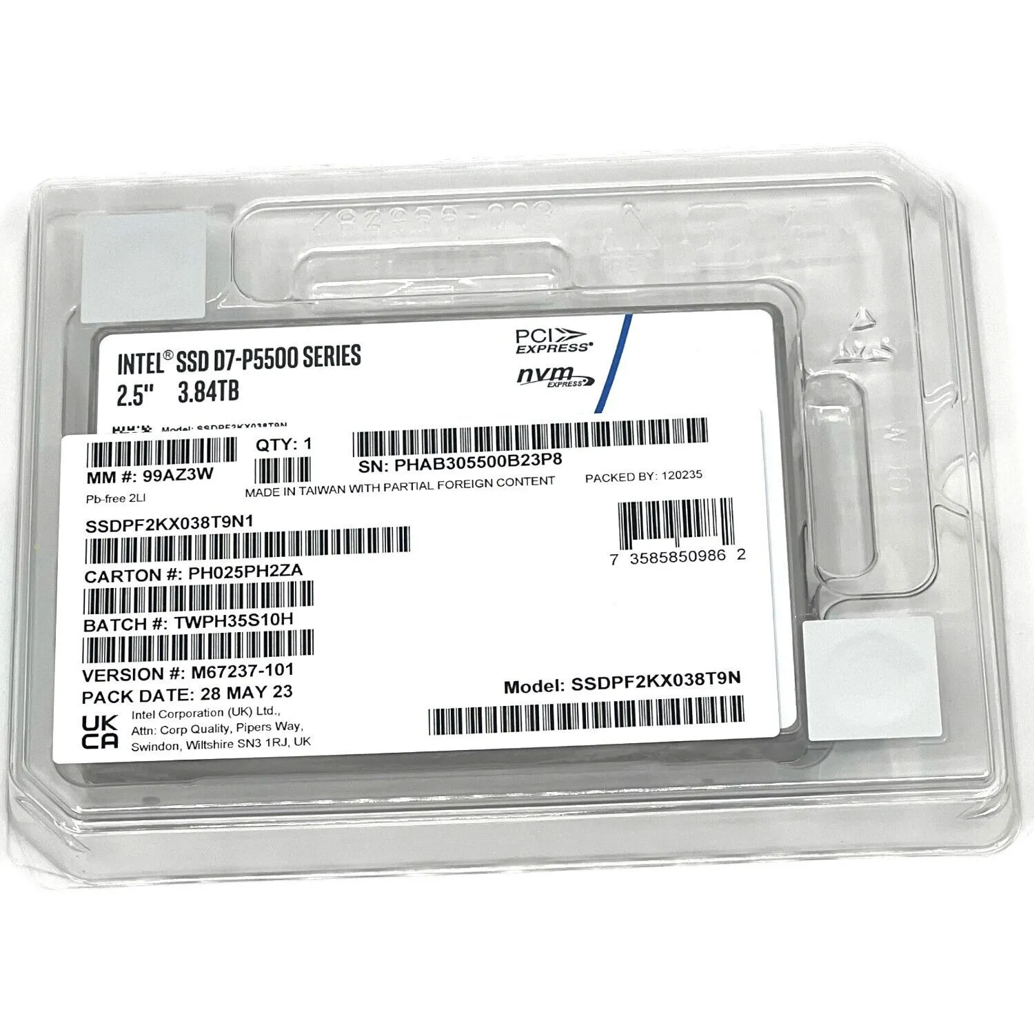 Intel P5500 SSDPF2KX038T9N1 M67237-101 3.84TB PCIe Gen 4.0 x4 8GB/s 3D TLC 1DWPD U.2 NVMe 2.5in Recertified Solid State Drive