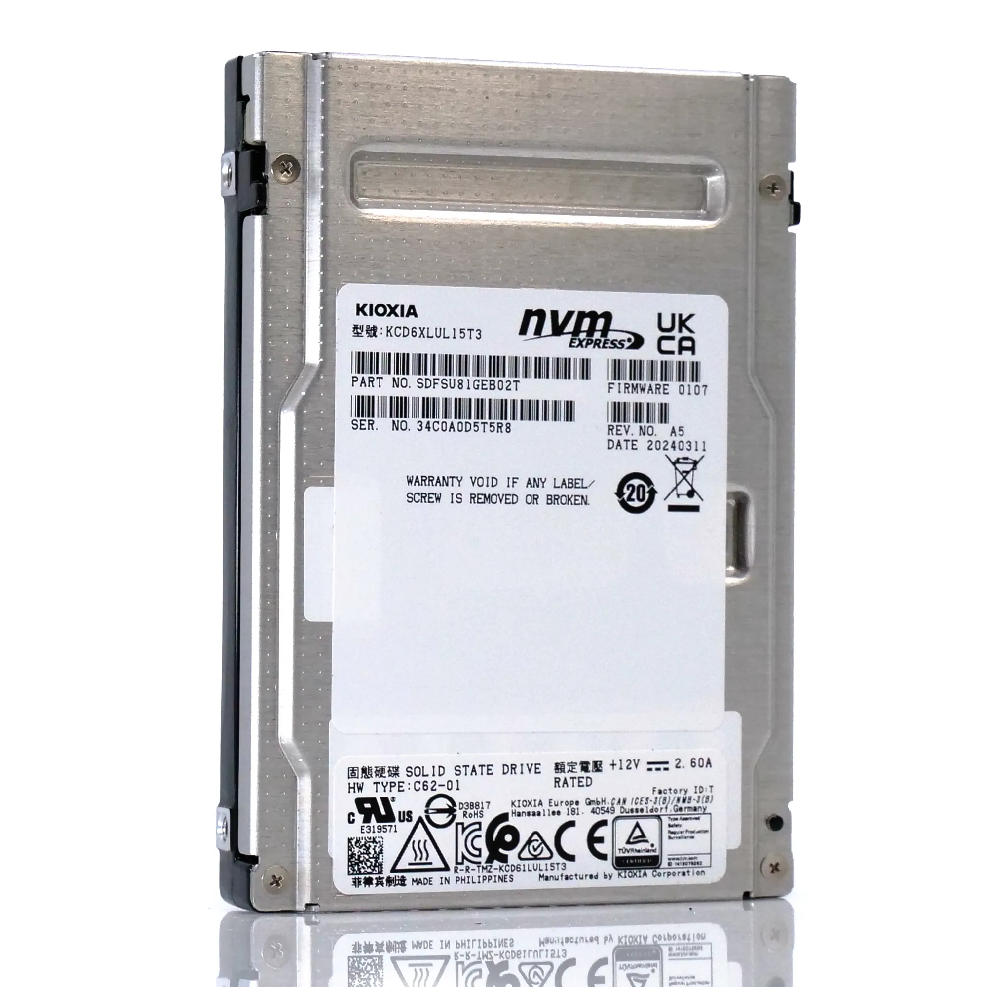 Kioxia CD6-R KCD6XLUL15T3 15.36TB PCIe Gen 4.0 X4 8GB/s 3D TLC 1DWPD U.2 NVMe 2.5in Enterprise Solid State Drive