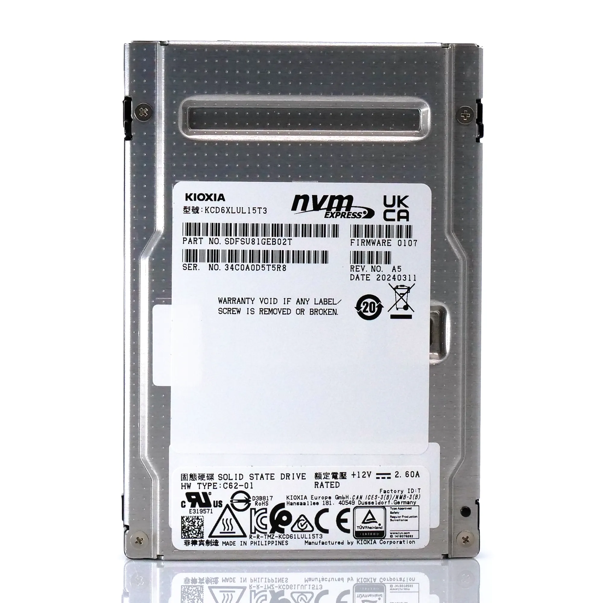 Kioxia CD6-R KCD6XLUL15T3 15.36TB PCIe Gen 4.0 X4 8GB/s 3D TLC 1DWPD U.2 NVMe 2.5in Enterprise Solid State Drive