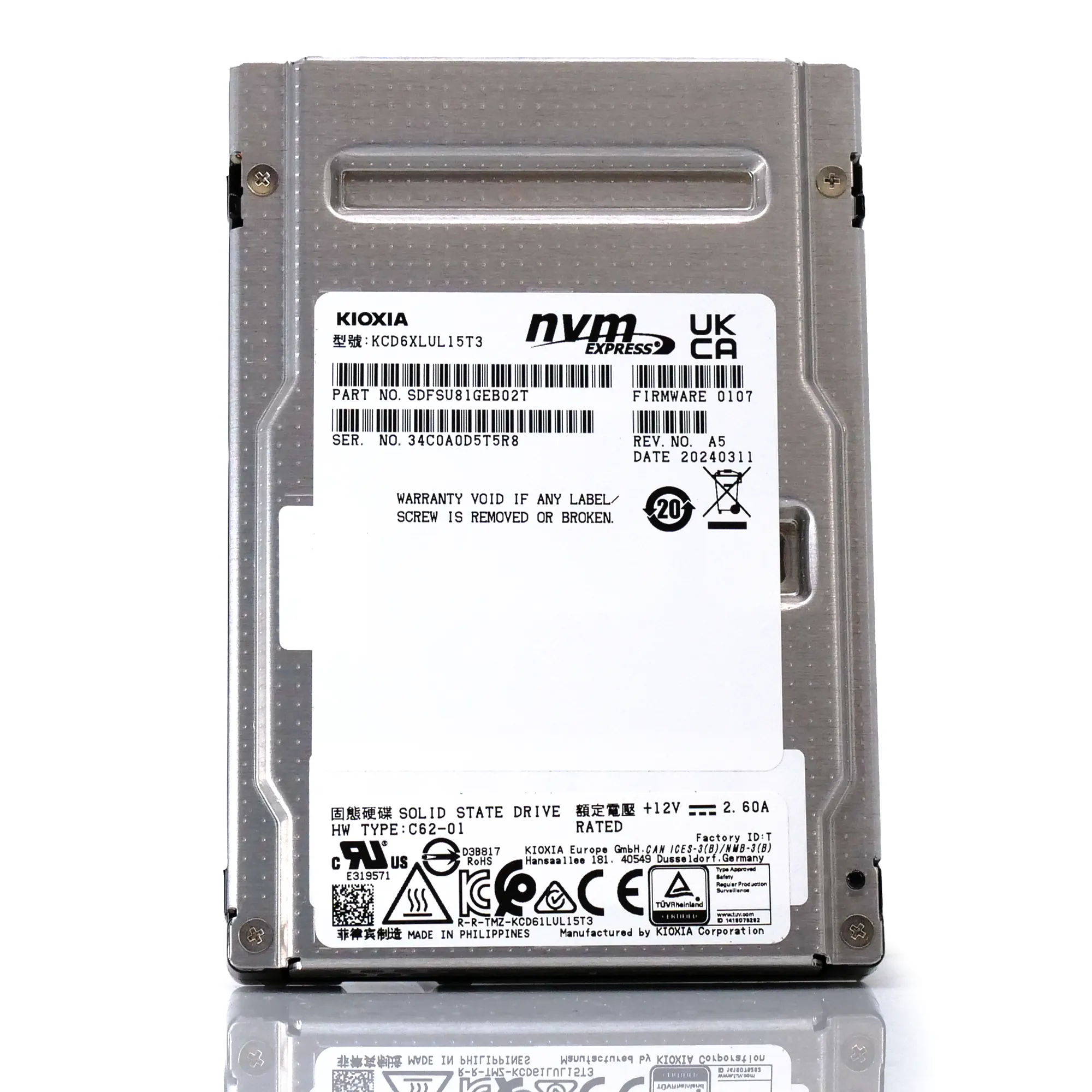 Kioxia CD6-R KCD6XLUL15T3 15.36TB PCIe Gen 4.0 X4 8GB/s 3D TLC 1DWPD U.2 NVMe 2.5in Enterprise Solid State Drive