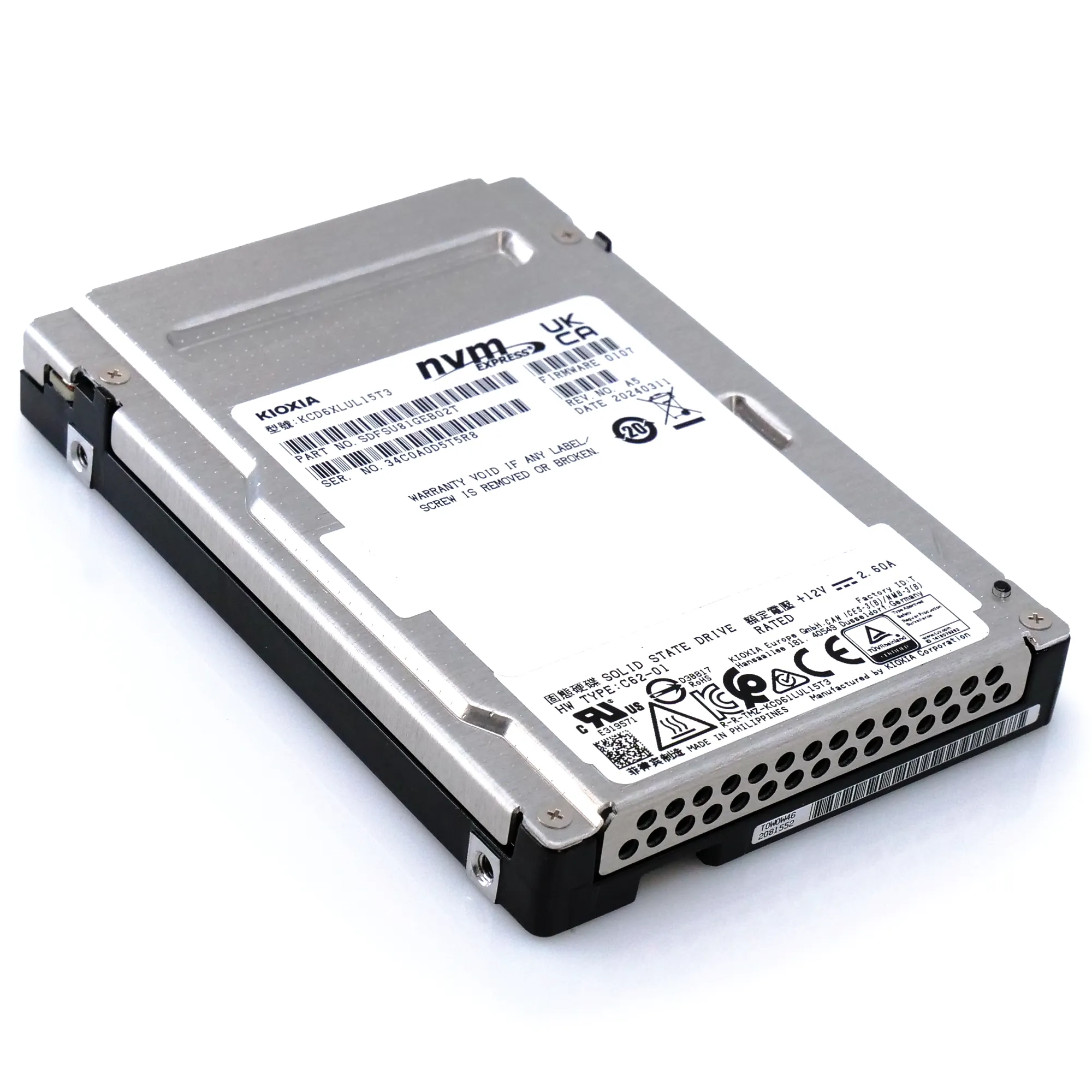 Kioxia CD6-R KCD6XLUL15T3 15.36TB PCIe Gen 4.0 X4 8GB/s 3D TLC 1DWPD U.2 NVMe 2.5in Enterprise Solid State Drive