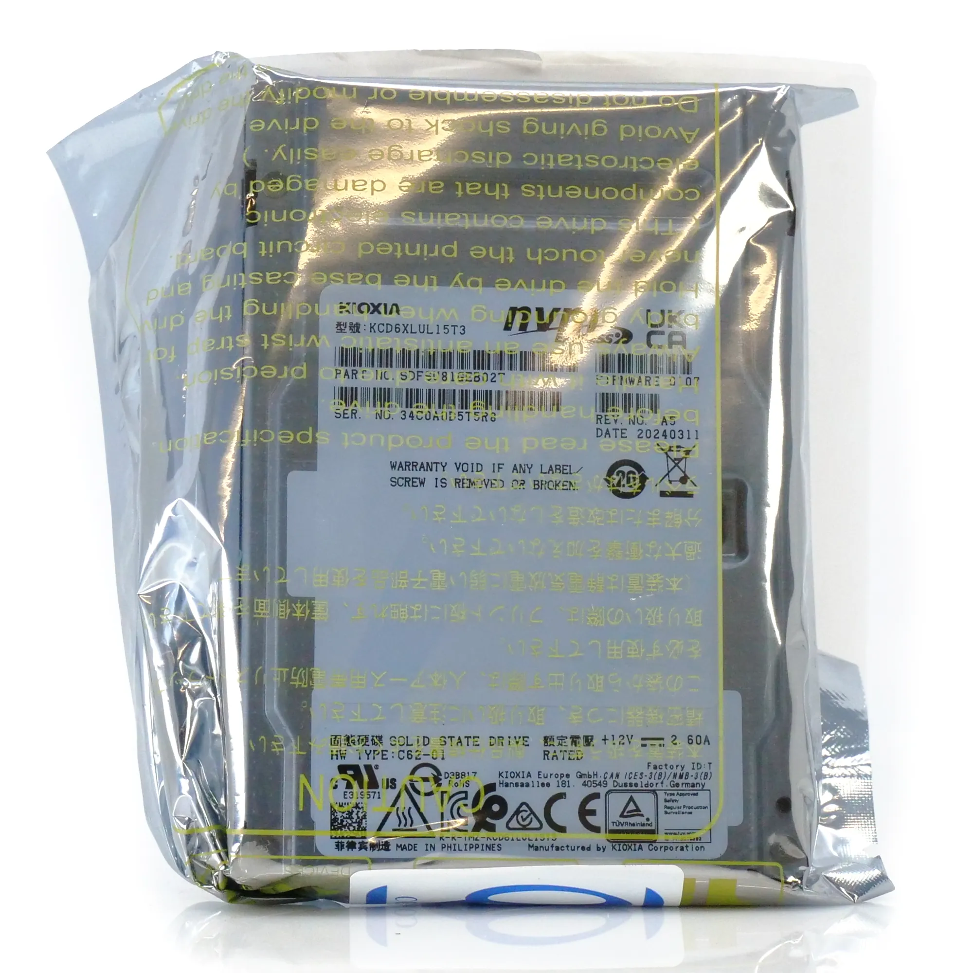 Kioxia CD6-R KCD6XLUL15T3 15.36TB PCIe Gen 4.0 X4 8GB/s 3D TLC 1DWPD U.2 NVMe 2.5in Enterprise Solid State Drive