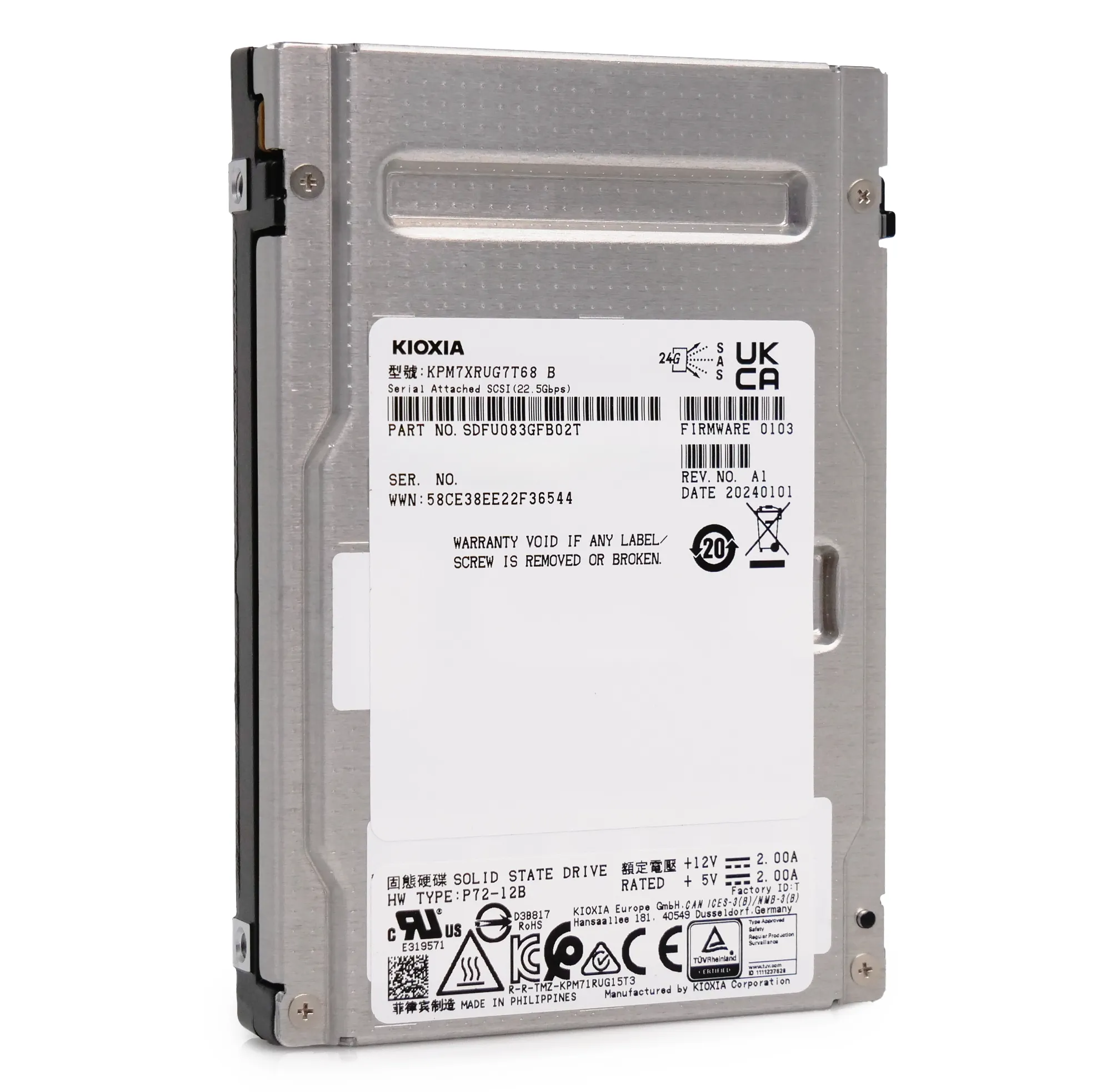 Kioxia PM7-R KPM7XRUG7T68 7.68TB 1 DWPD SAS-4 25Gb/s Read Intensive TLC 2.5in Refurbished SSD