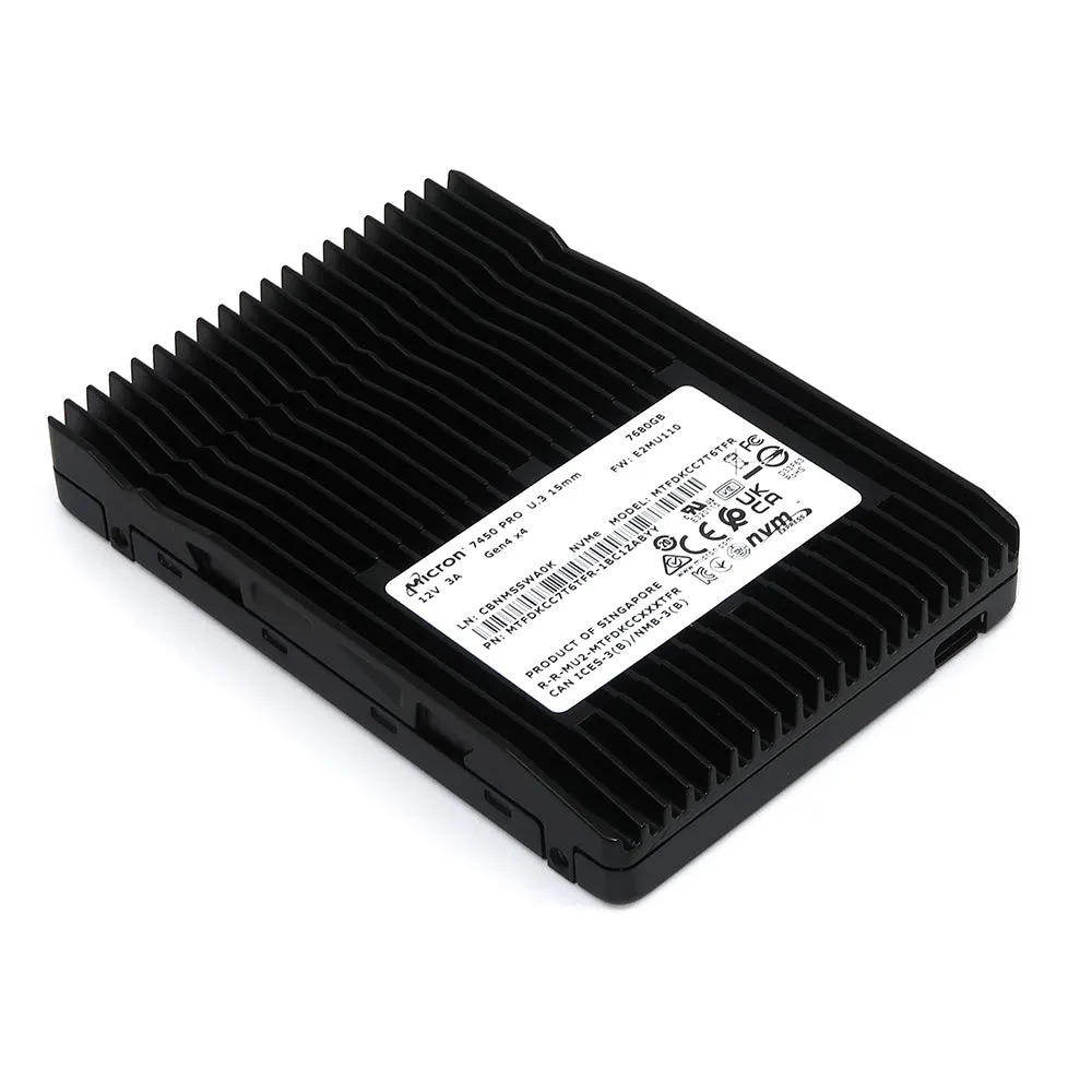 Micron 7450 Pro MTFDKCC7T6TFR 1BC1ZABYY 7.68TB PCIe Gen 4.0 x4 8GB/s U.3 NVMe 2.5in Solid State Drive