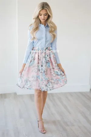 Pink & Dusty Blue Watercolor Floral Pocket Skirt