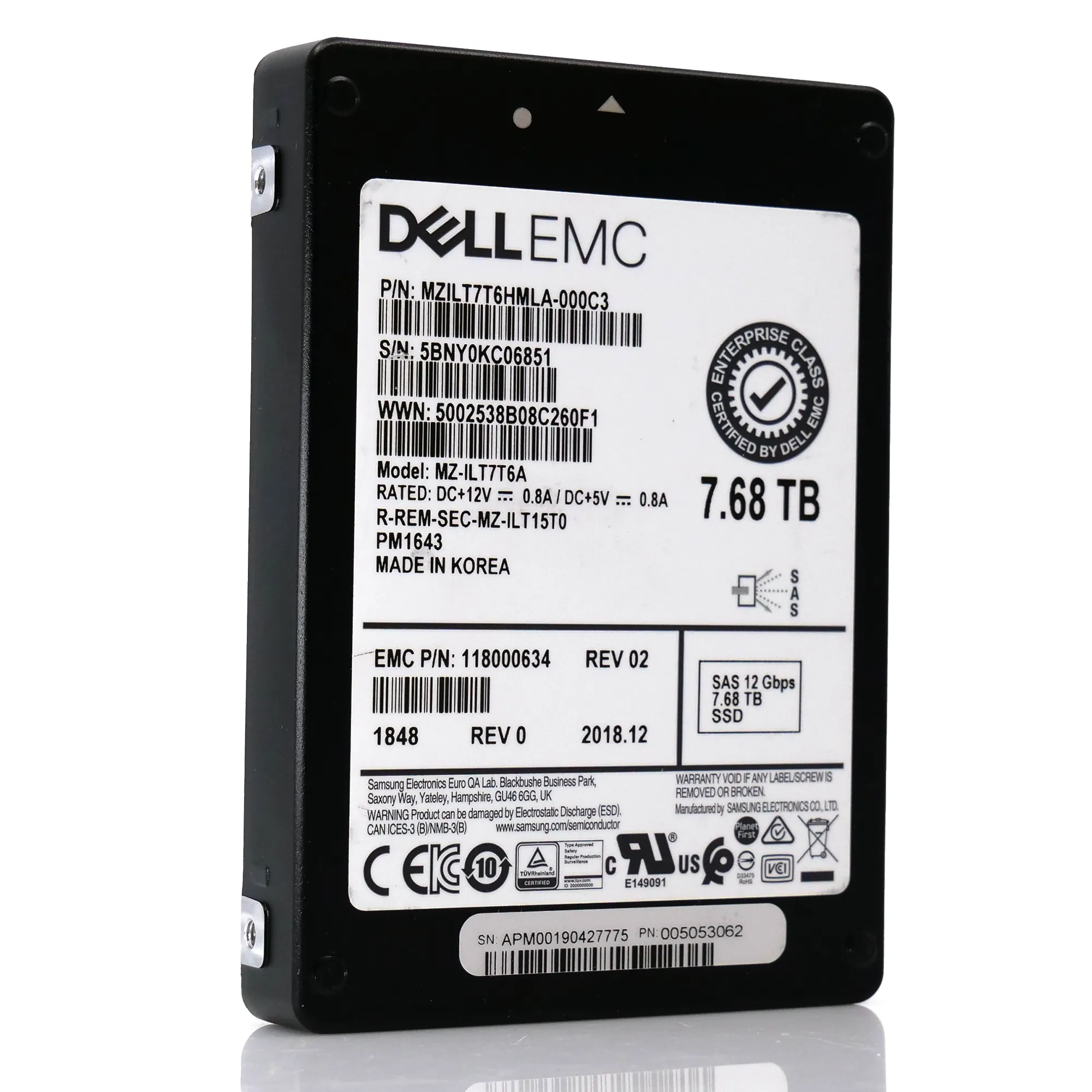 Samsung / Dell PM1643 MZILT7T6HMLA MZ-ILT7T6A 7.68TB SAS 12Gb/s 512e 1DWPD 2.5in Solid State Drive
