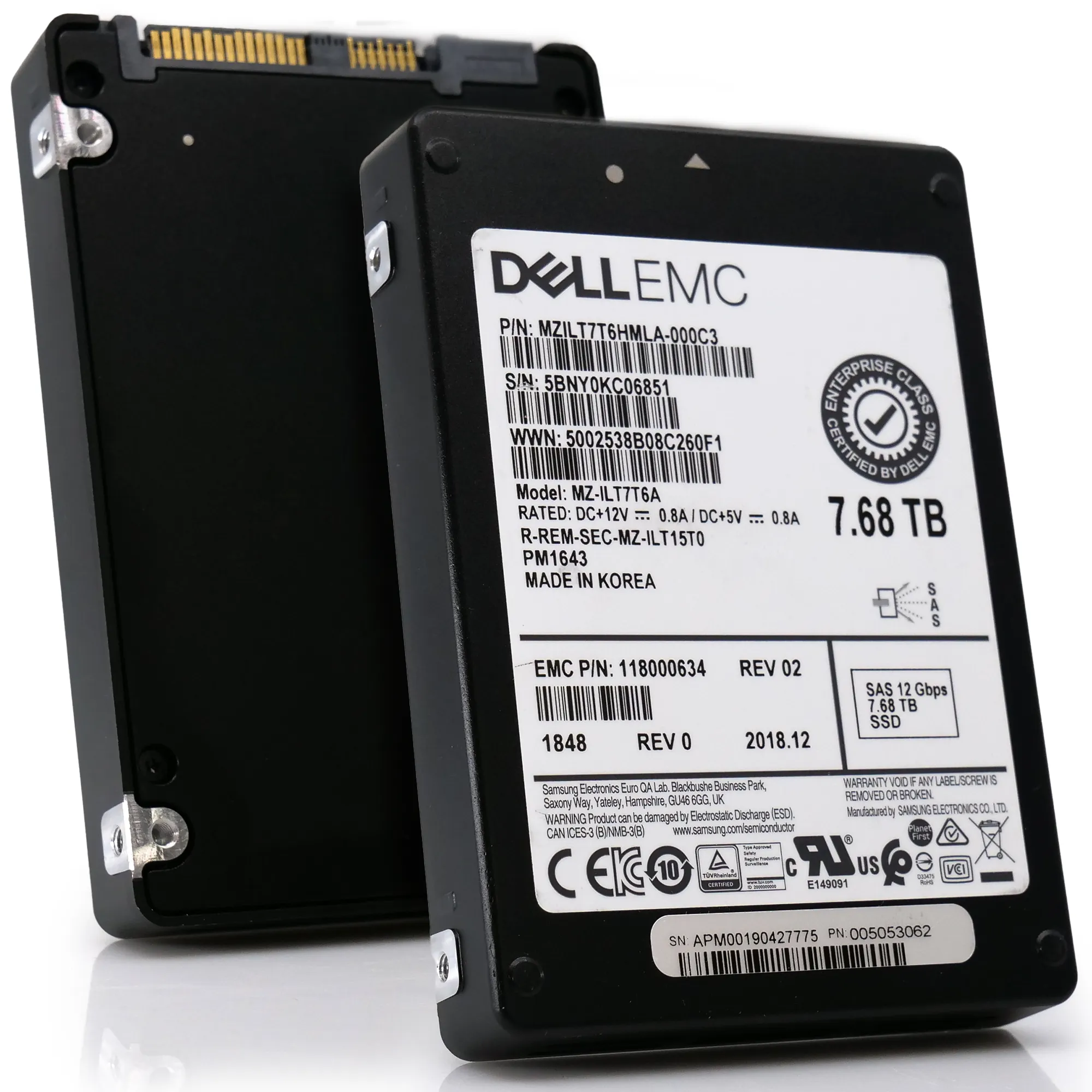 Samsung / Dell PM1643 MZILT7T6HMLA MZ-ILT7T6A 7.68TB SAS 12Gb/s 512e 1DWPD 2.5in Solid State Drive