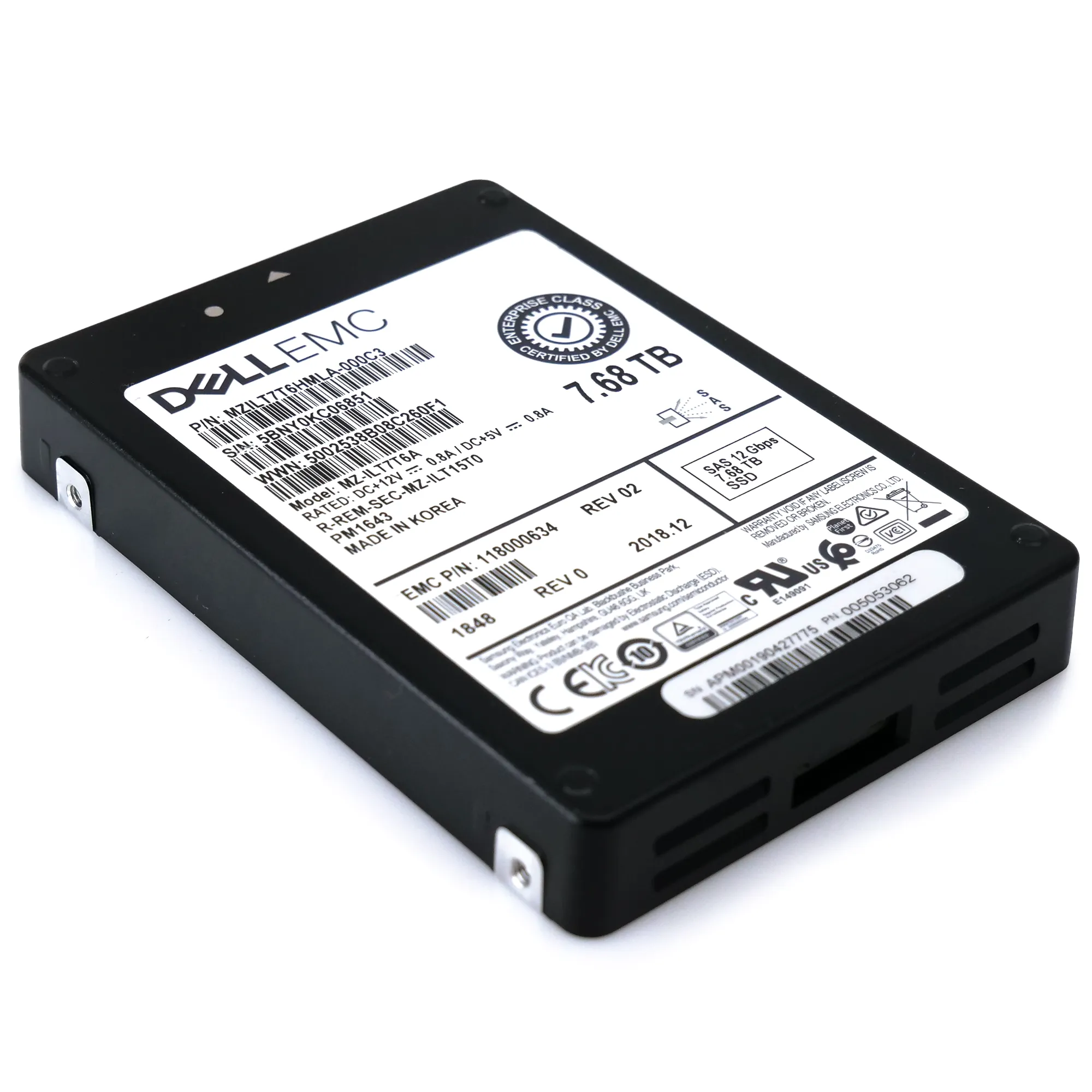 Samsung / Dell PM1643 MZILT7T6HMLA MZ-ILT7T6A 7.68TB SAS 12Gb/s 512e 1DWPD 2.5in Solid State Drive