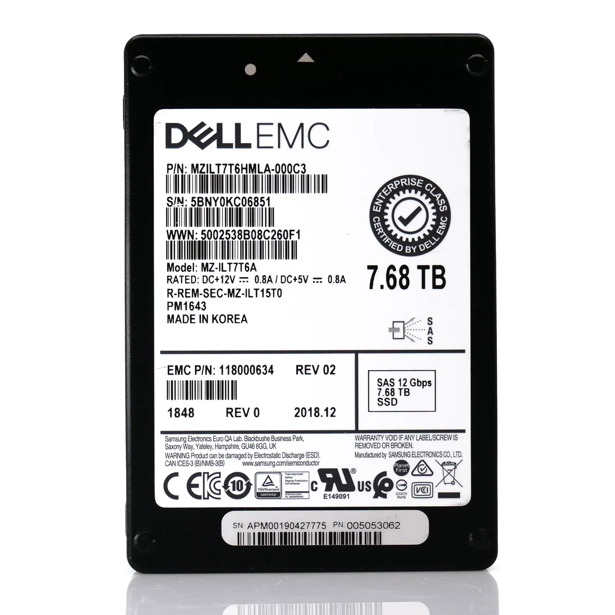 Samsung / Dell PM1643 MZILT7T6HMLA MZ-ILT7T6A 7.68TB SAS 12Gb/s 512e 1DWPD 2.5in Solid State Drive