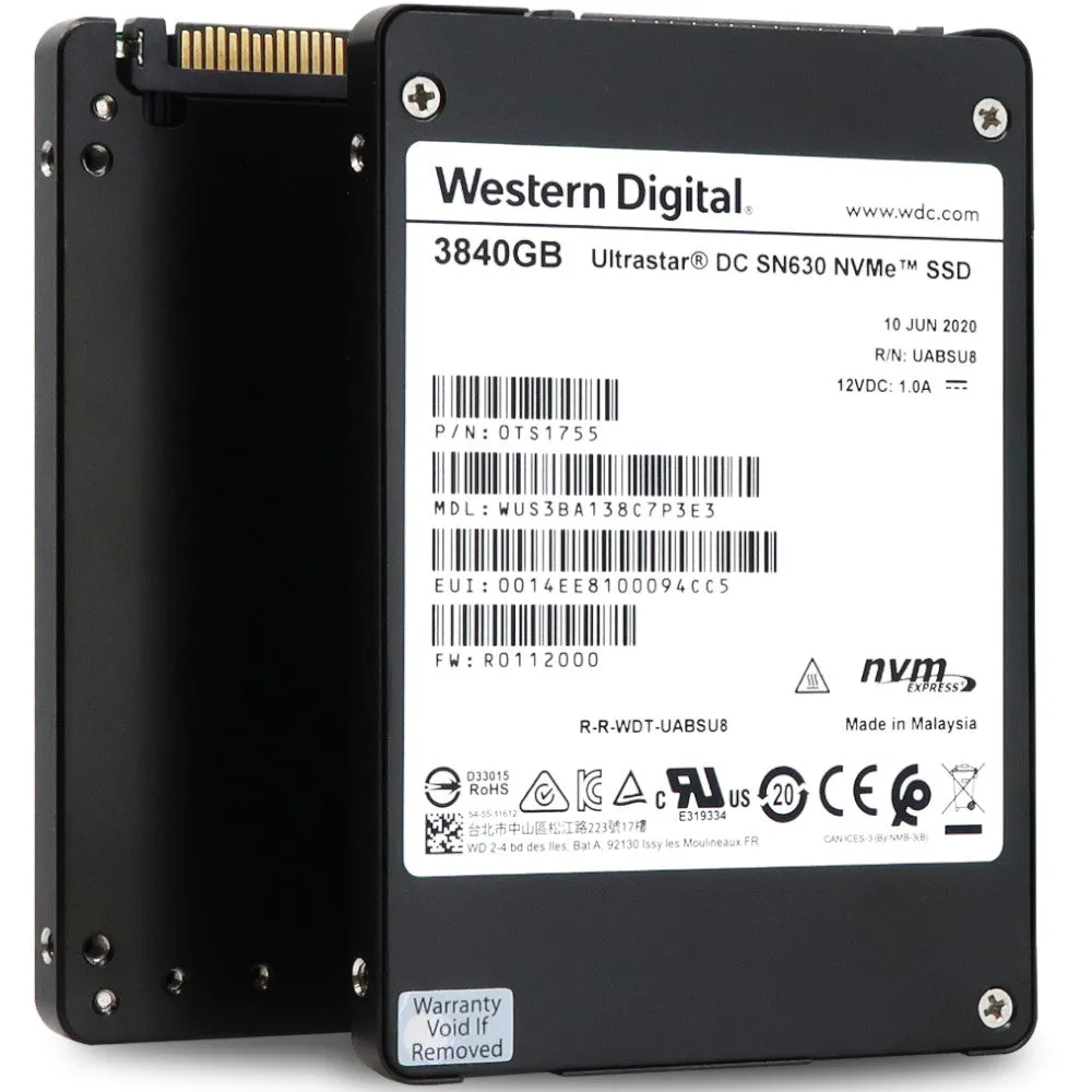 Western Digital Ultrastar DC SN630 WUS3BA138C7P3E3 0TS1755 3.84TB PCIe Gen 3.0 x4 4GB/s VRI 2.5in Refurbished SSD